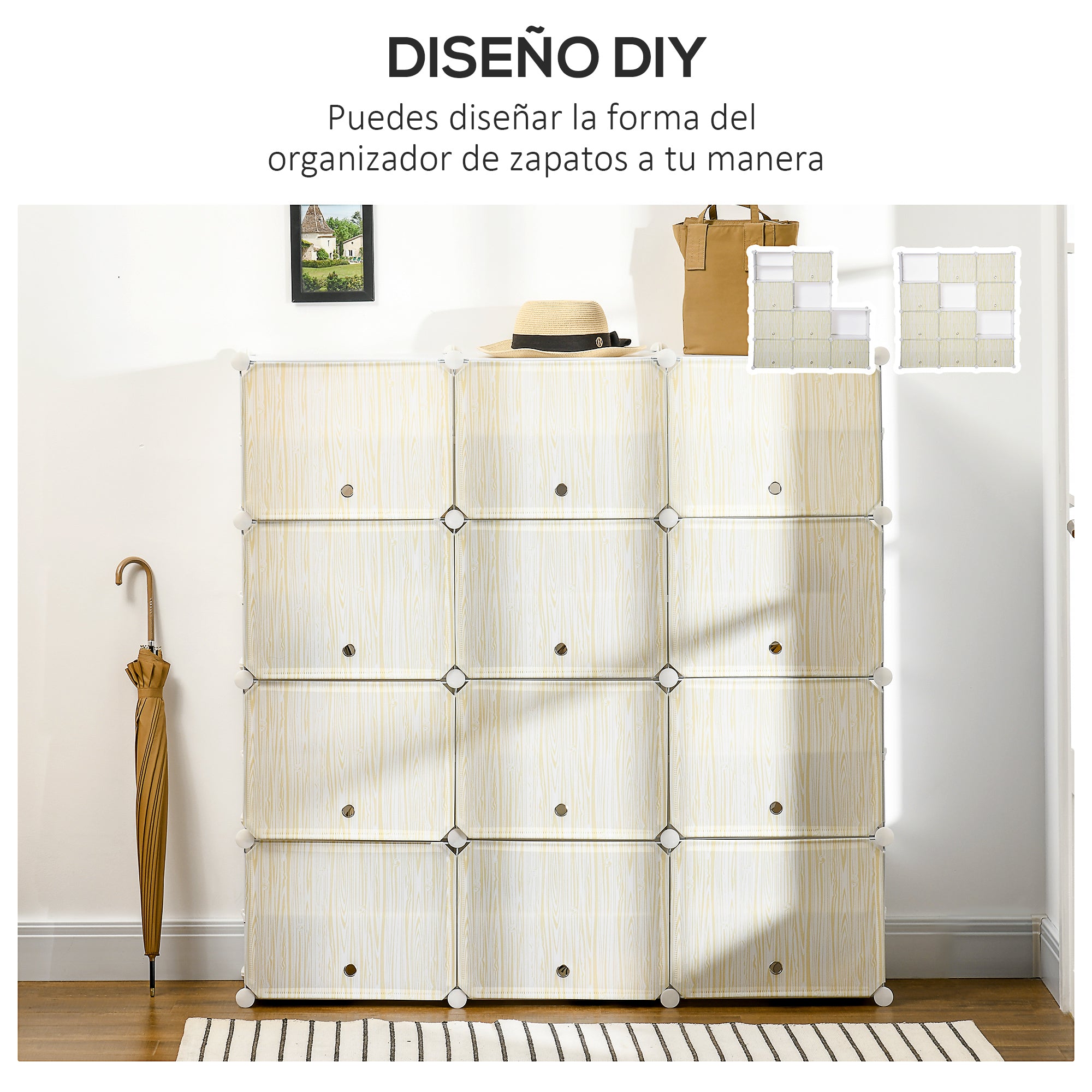 Modular Plastic Shoe Box Storage with 12 Cubes Shoe Organizer for Entryway Hallway Bedroom 125x32x125 cm White and Natural