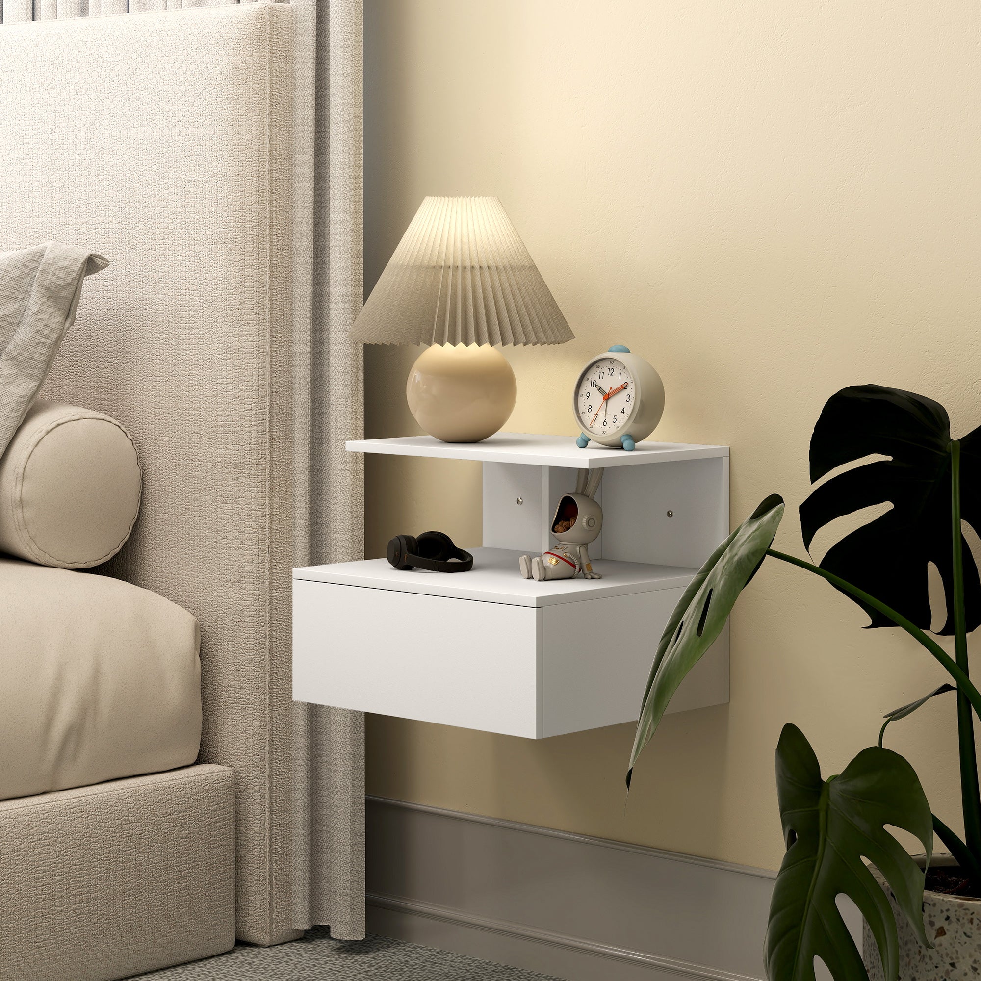 Floating Nightstand Bedside Table with Drawer, Open Compartment, Nightstand Bedside Table for Bedroom, Living Room, White, 39.8 x 35 x 31.6 cm