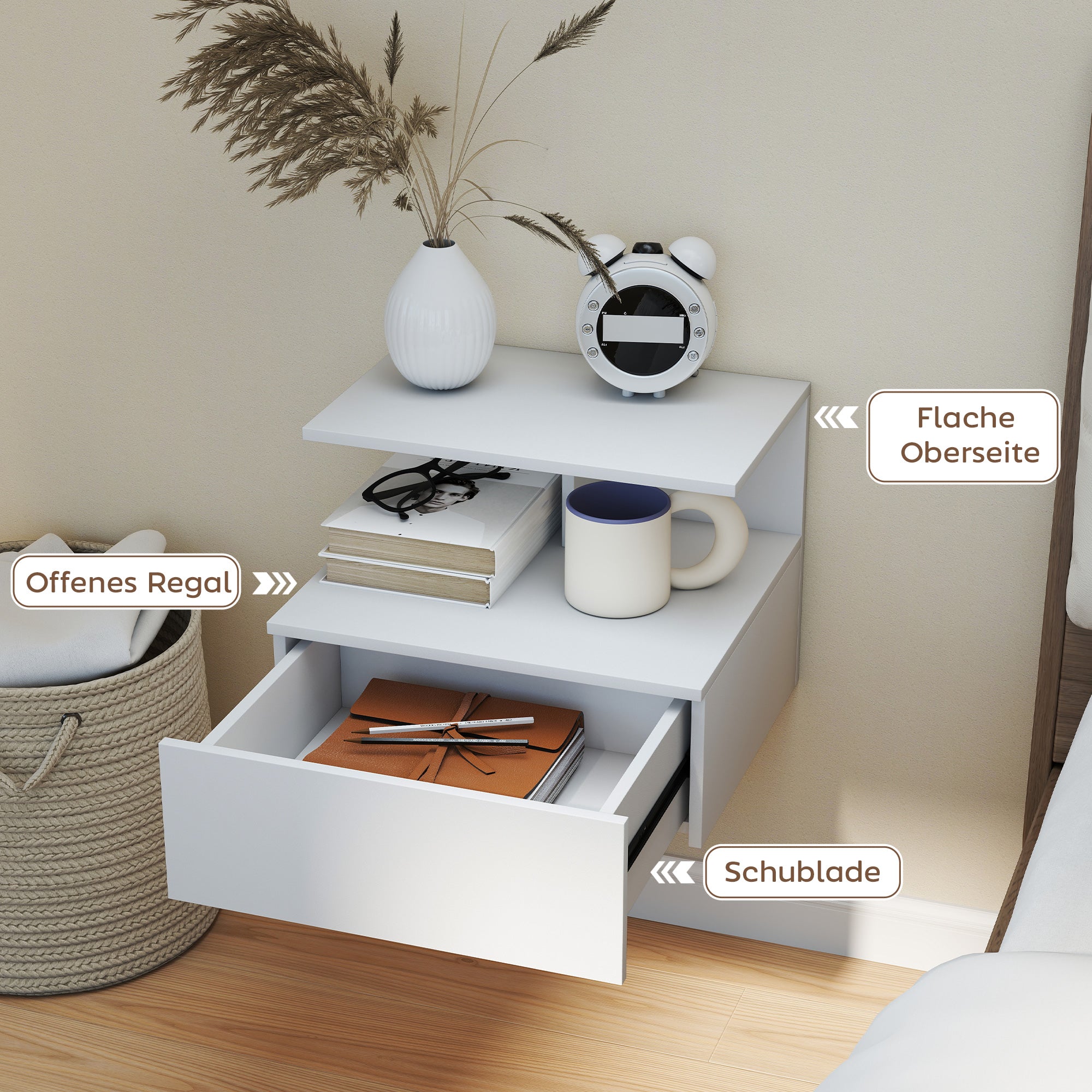 Floating Nightstand Bedside Table with Drawer, Open Compartment, Nightstand Bedside Table for Bedroom, Living Room, White, 39.8 x 35 x 31.6 cm