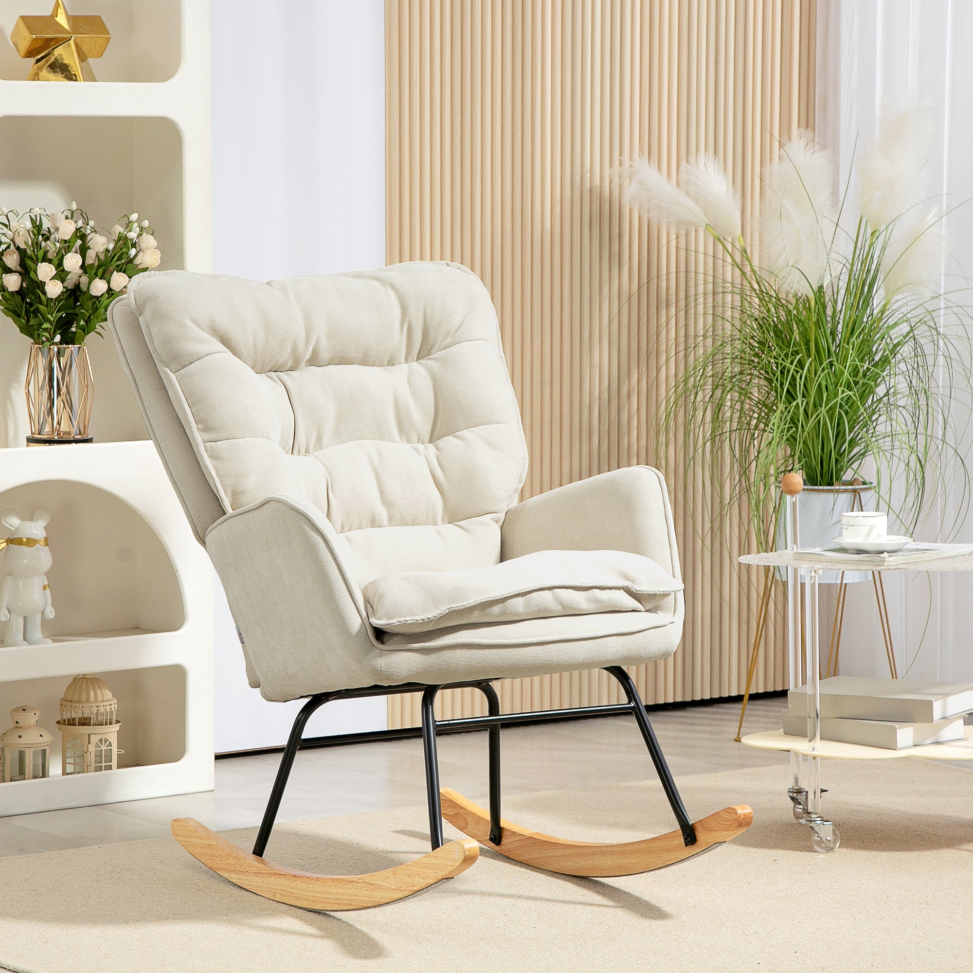 Rocking Chair Rocker Armchair, Nursing Chair with Chenille Look, Rocking Chair up to 120 kg Capacity for Bedroom, Living Room, Beige