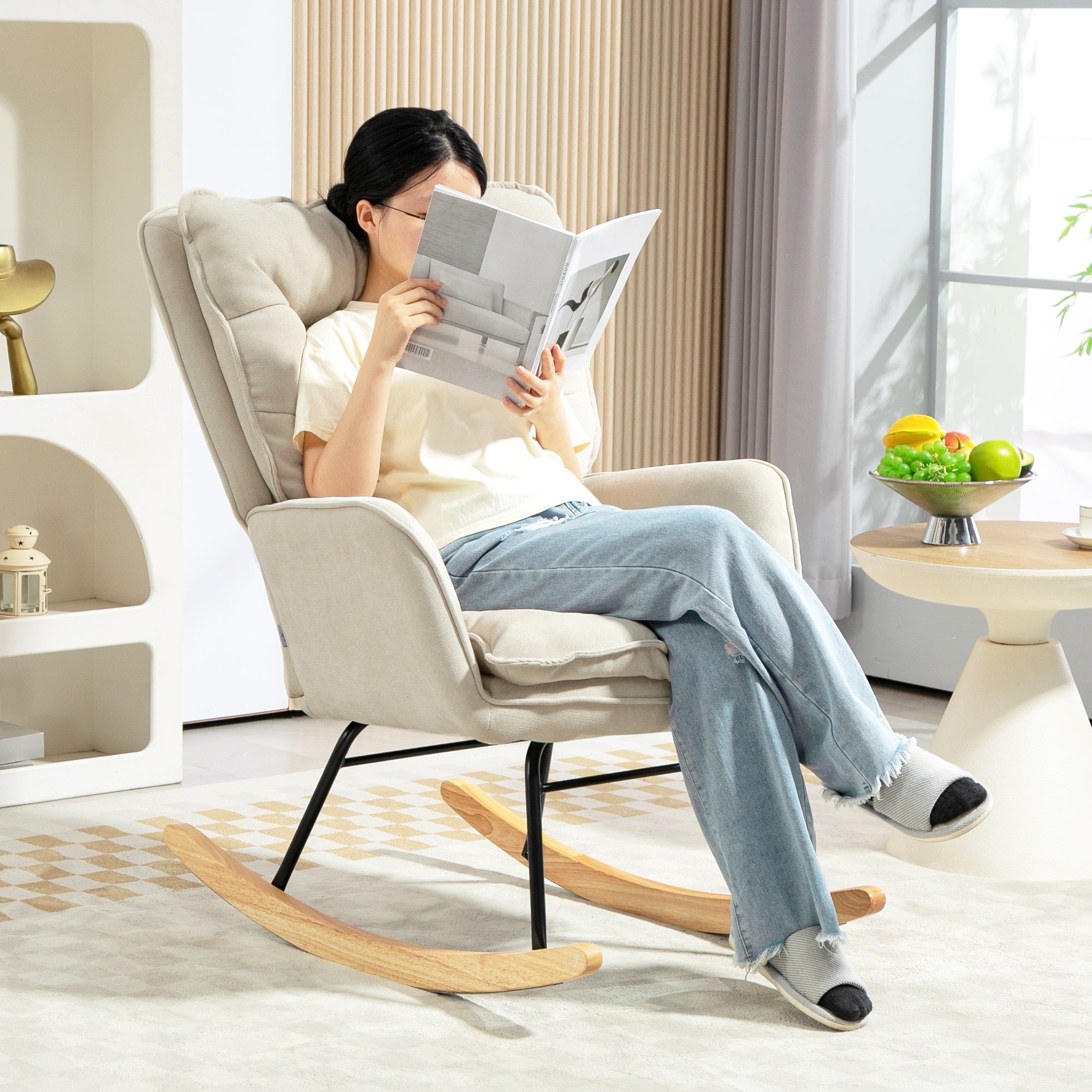 Rocking Chair Rocker Armchair, Nursing Chair with Chenille Look, Rocking Chair up to 120 kg Capacity for Bedroom, Living Room, Beige