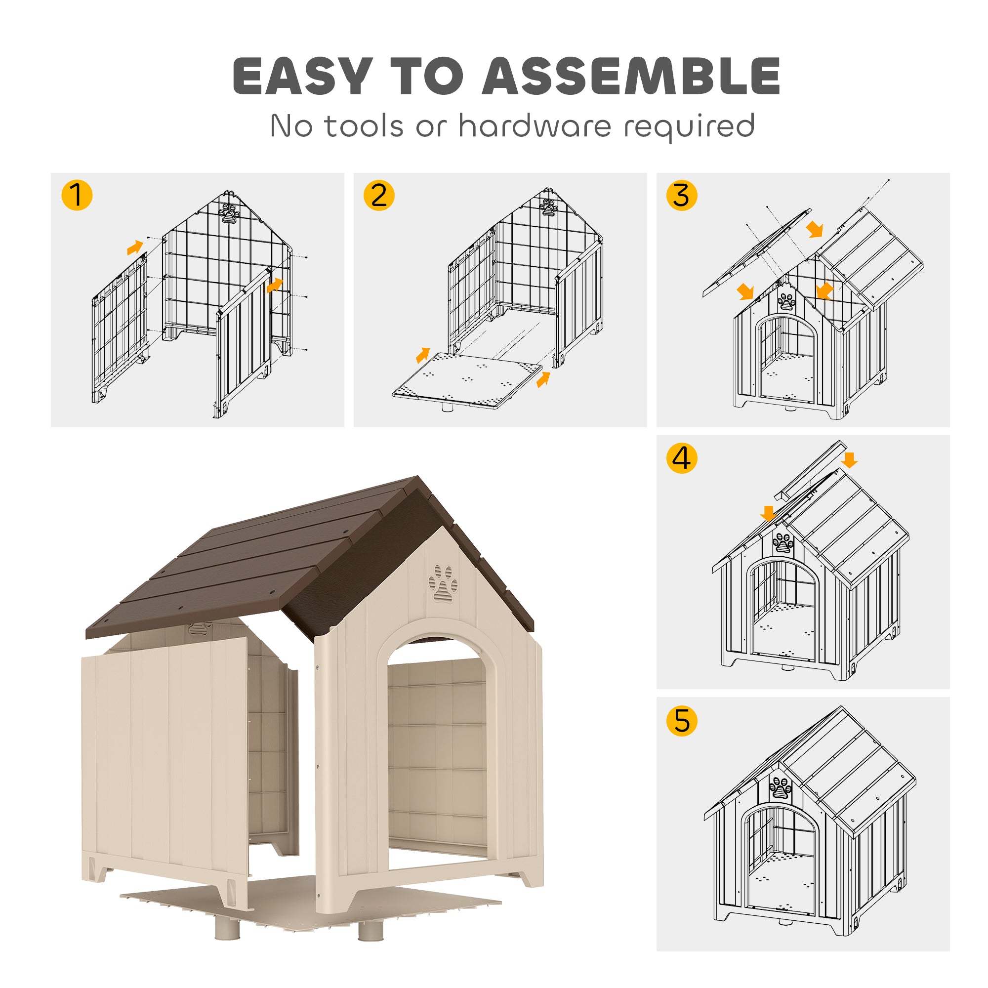 Raised Outdoor Dog House for Medium & Large Dogs — Sloped Roof, Ventilation & Ground Pegs, PP, 34.6 x 30.7 x 35.0 in (Beige/Dark Brown)