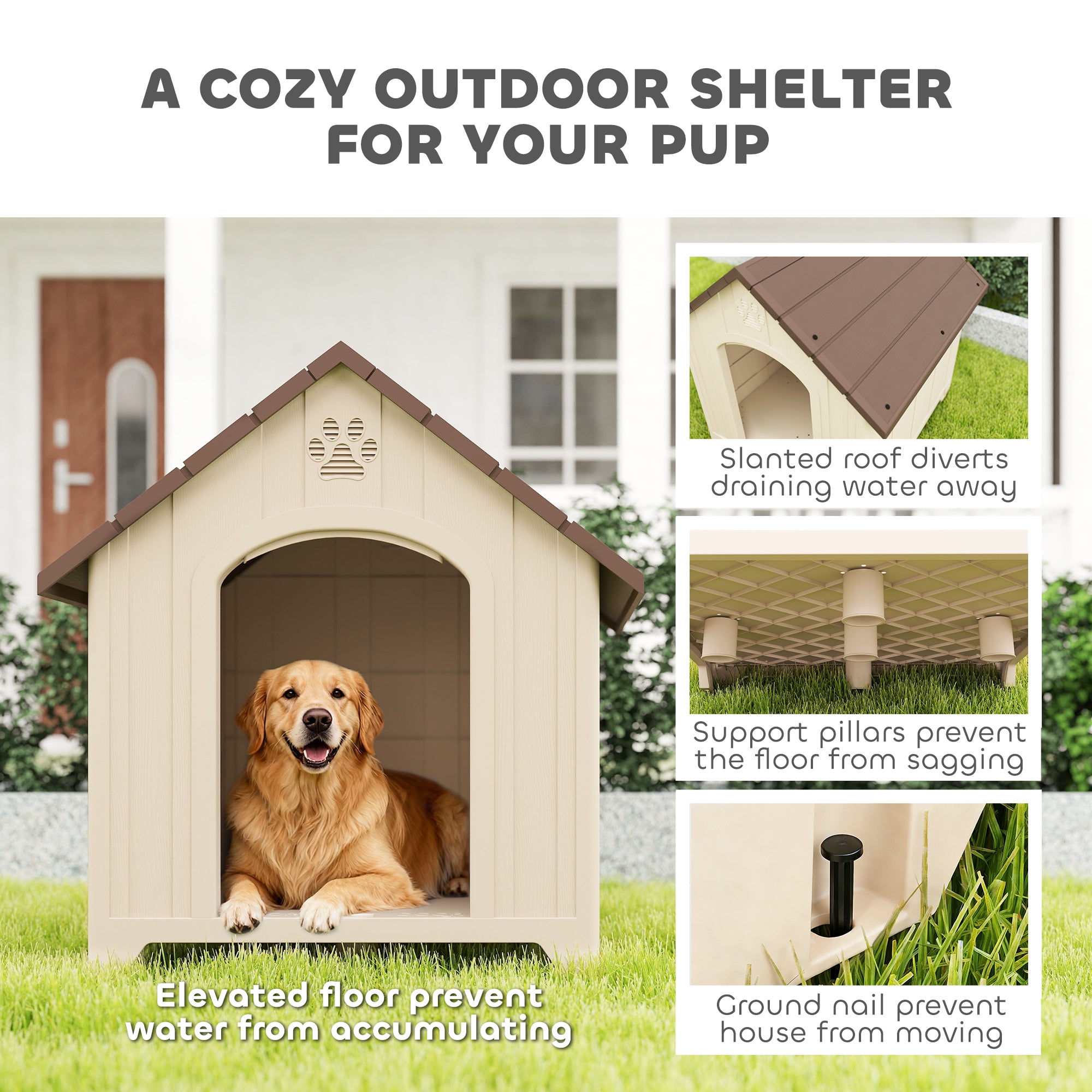 Raised Outdoor Dog House for Medium & Large Dogs — Sloped Roof, Ventilation & Ground Pegs, PP, 34.6 x 30.7 x 35.0 in (Beige/Dark Brown)