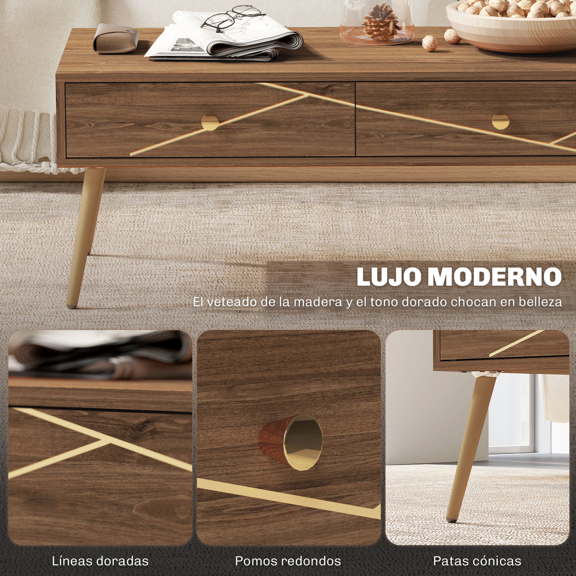 Coffee Table Low Table for Living Room with 2 Drawers and Steel Legs for Bedroom 100x50x41 cm Brown