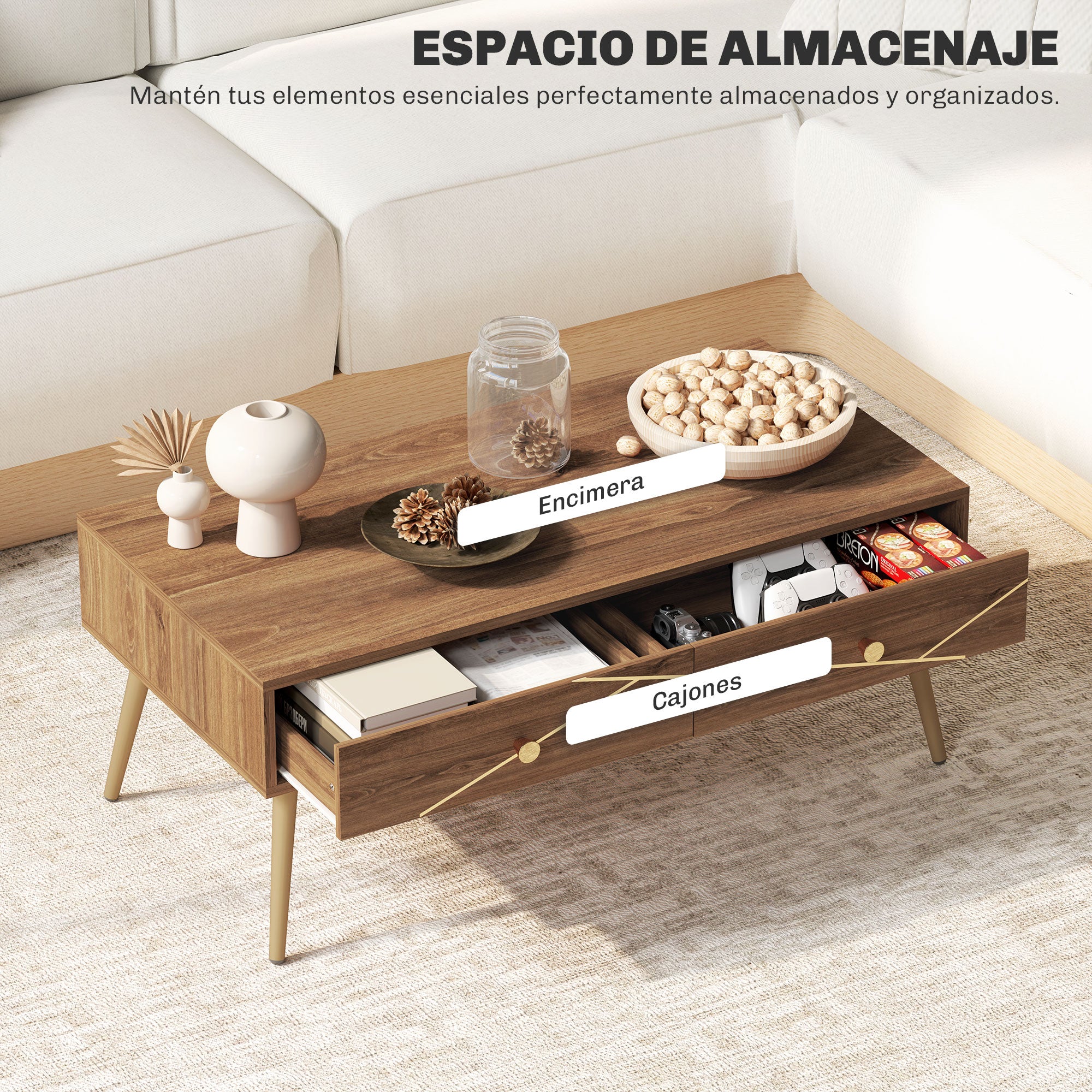 Coffee Table Low Table for Living Room with 2 Drawers and Steel Legs for Bedroom 100x50x41 cm Brown