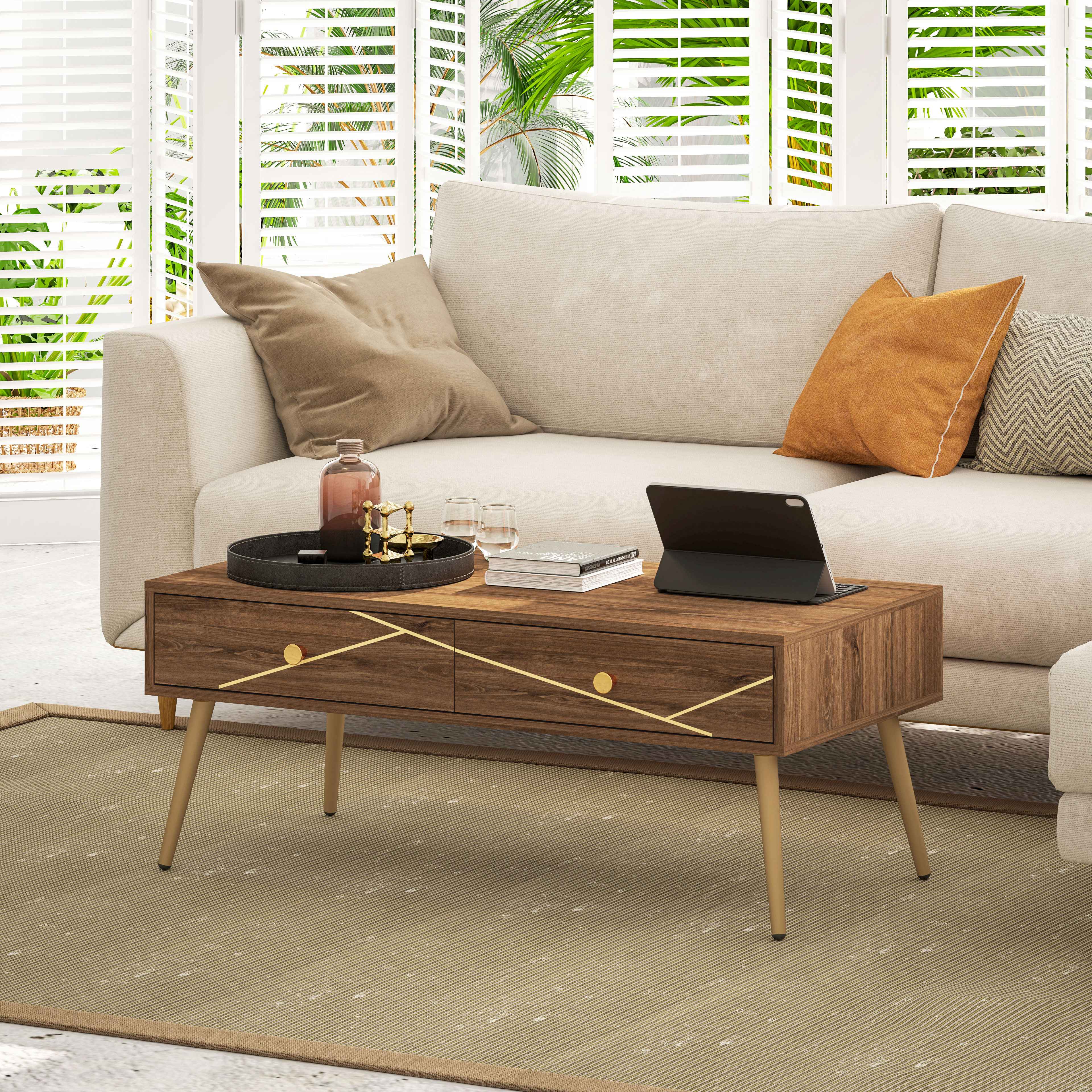 Coffee Table Low Table for Living Room with 2 Drawers and Steel Legs for Bedroom 100x50x41 cm Brown