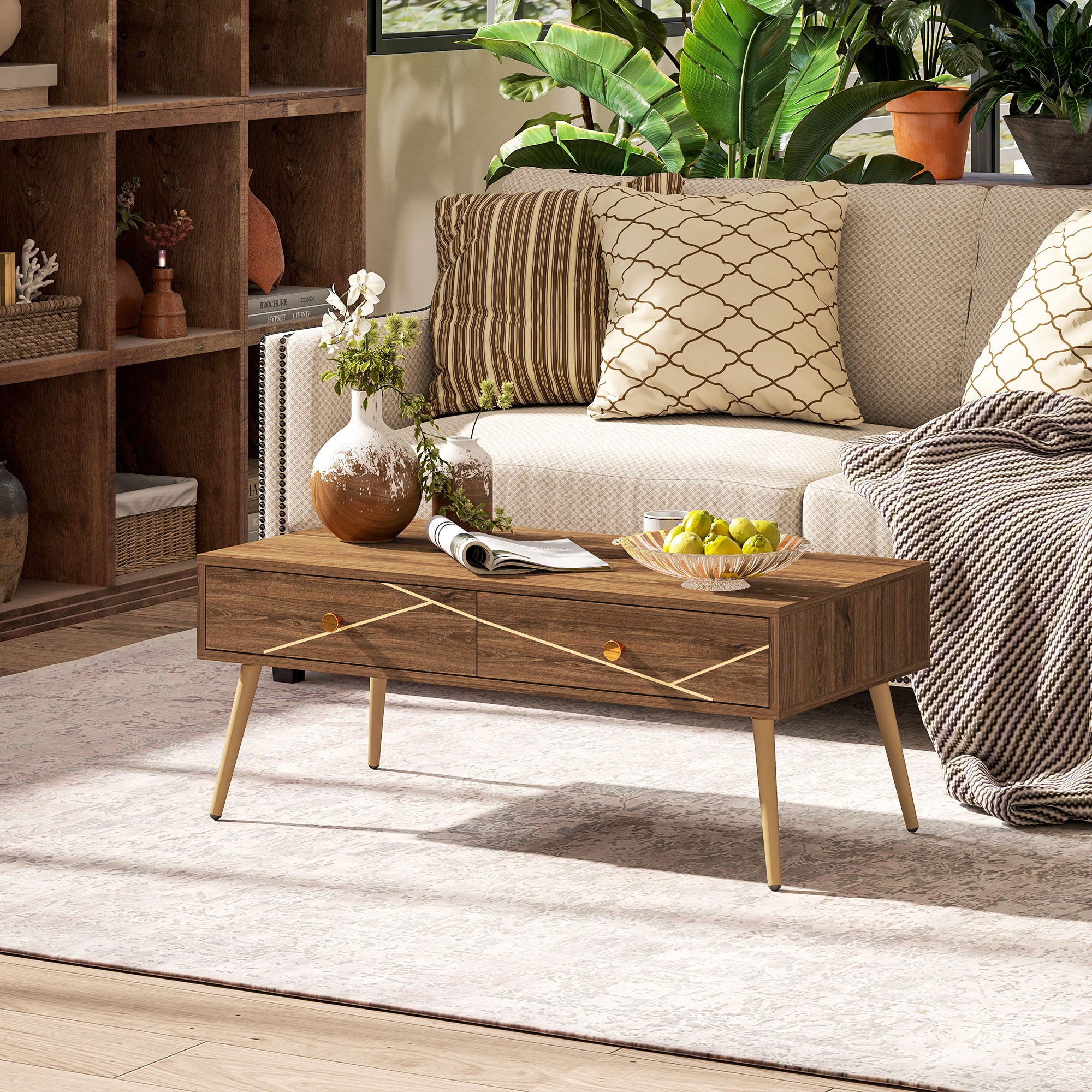 Coffee Table Low Table for Living Room with 2 Drawers and Steel Legs for Bedroom 100x50x41 cm Brown