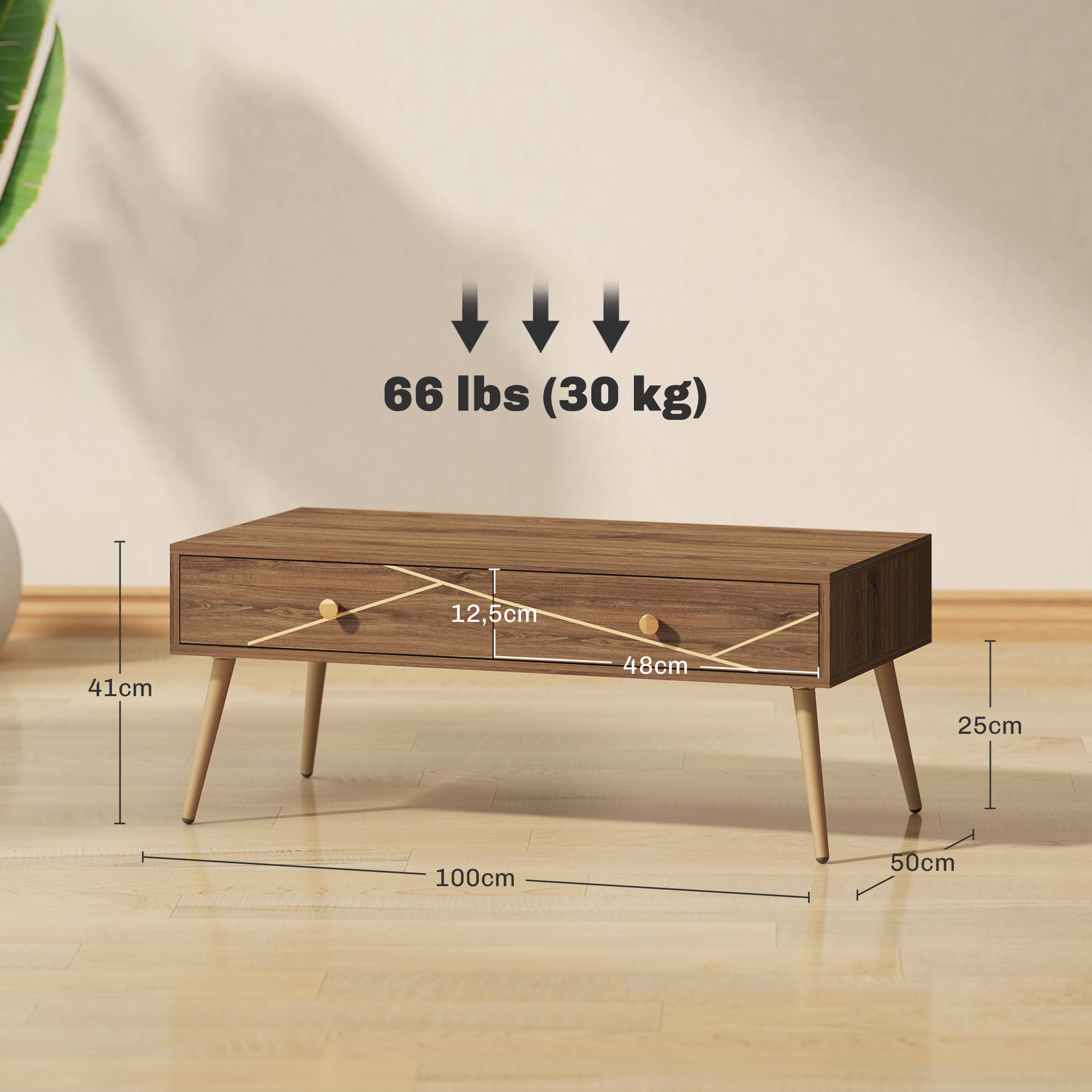 Coffee Table Low Table for Living Room with 2 Drawers and Steel Legs for Bedroom 100x50x41 cm Brown
