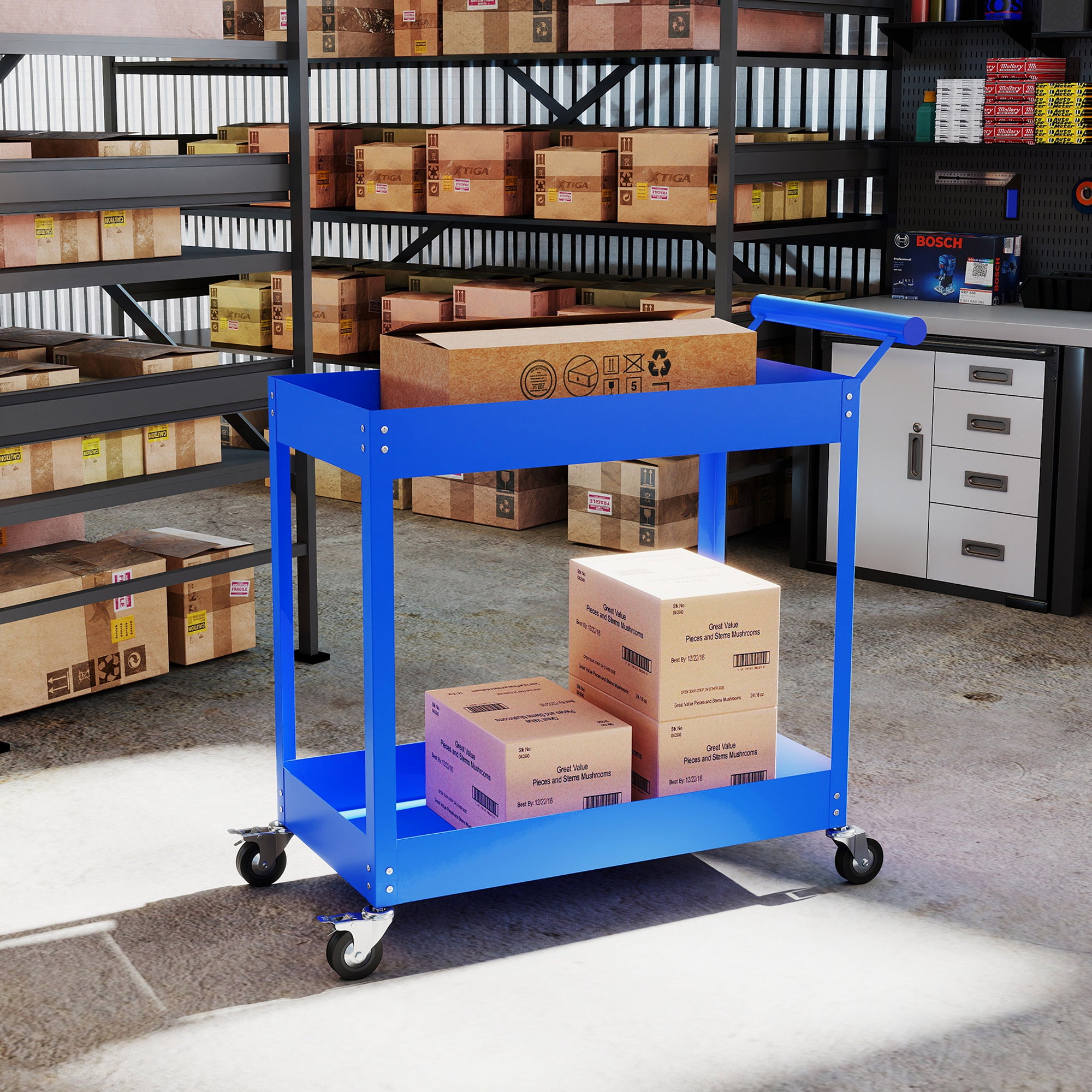 2-Tier Workshop Trolley Tool Cart with Side Handle & Locking Wheels — 330 lb Capacity, 33.3 x 15.0 x 33.1 in, Blue