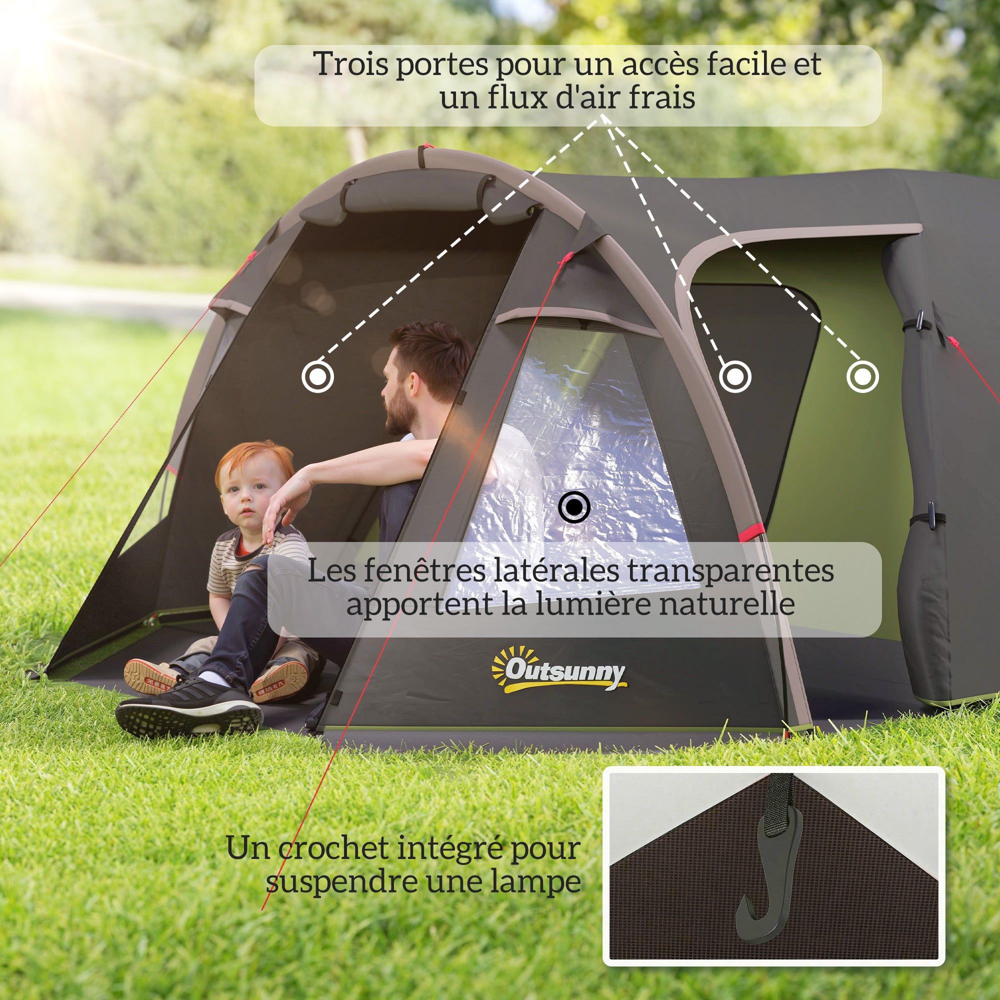 Family Camping Tent for 2-4 People, Waterproof Tunnel Tent 3000 mm with 3 Doors, Windows, Carry Bag, for Camping Travel Hiking Garden, Black