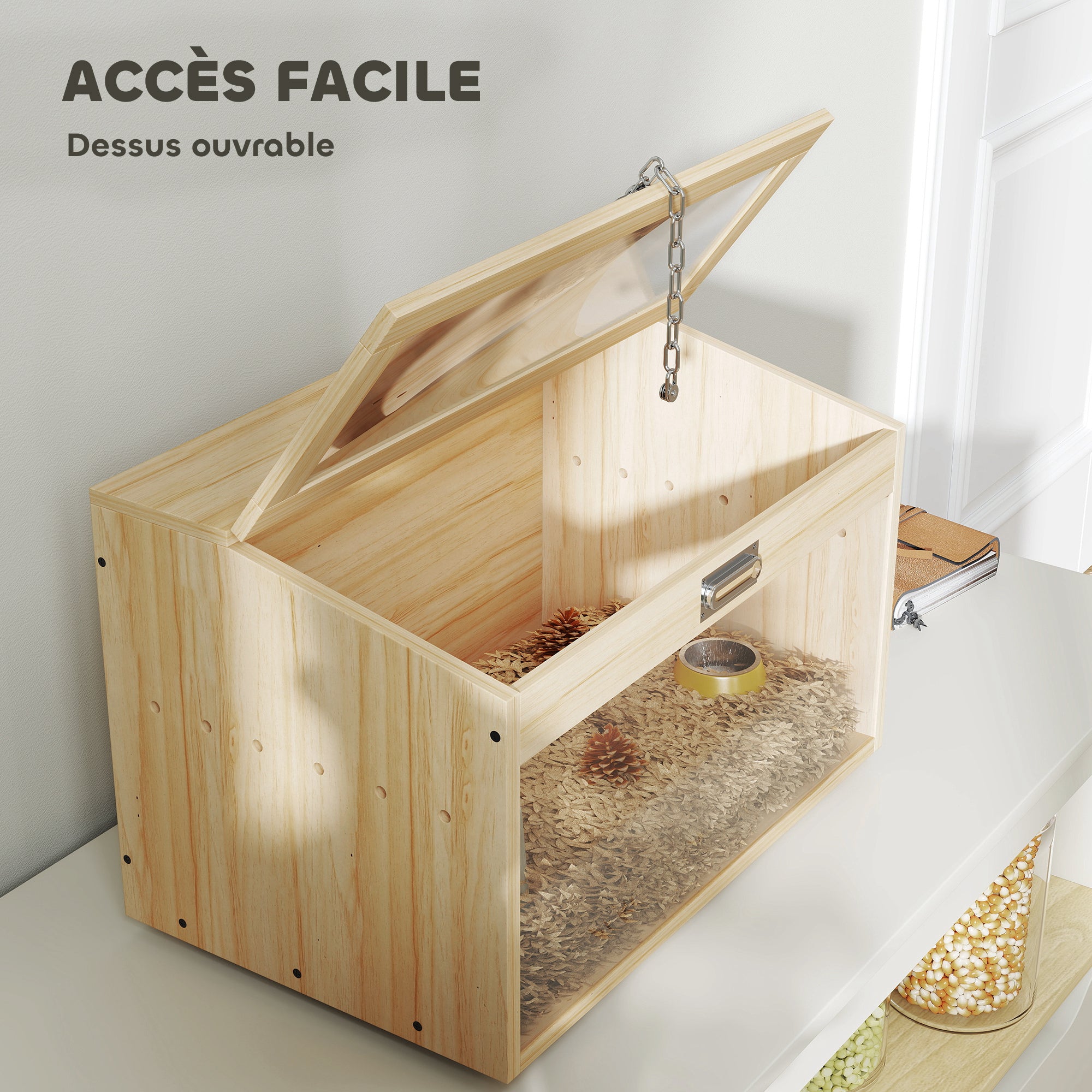 Wooden Hamster Cage, Mouse Cage with Openable Lid, Acrylic Window, and Ventilation Holes for Dwarf Hamsters and Gerbils, 55 x 35 x 35 cm, Natural Wood Effect