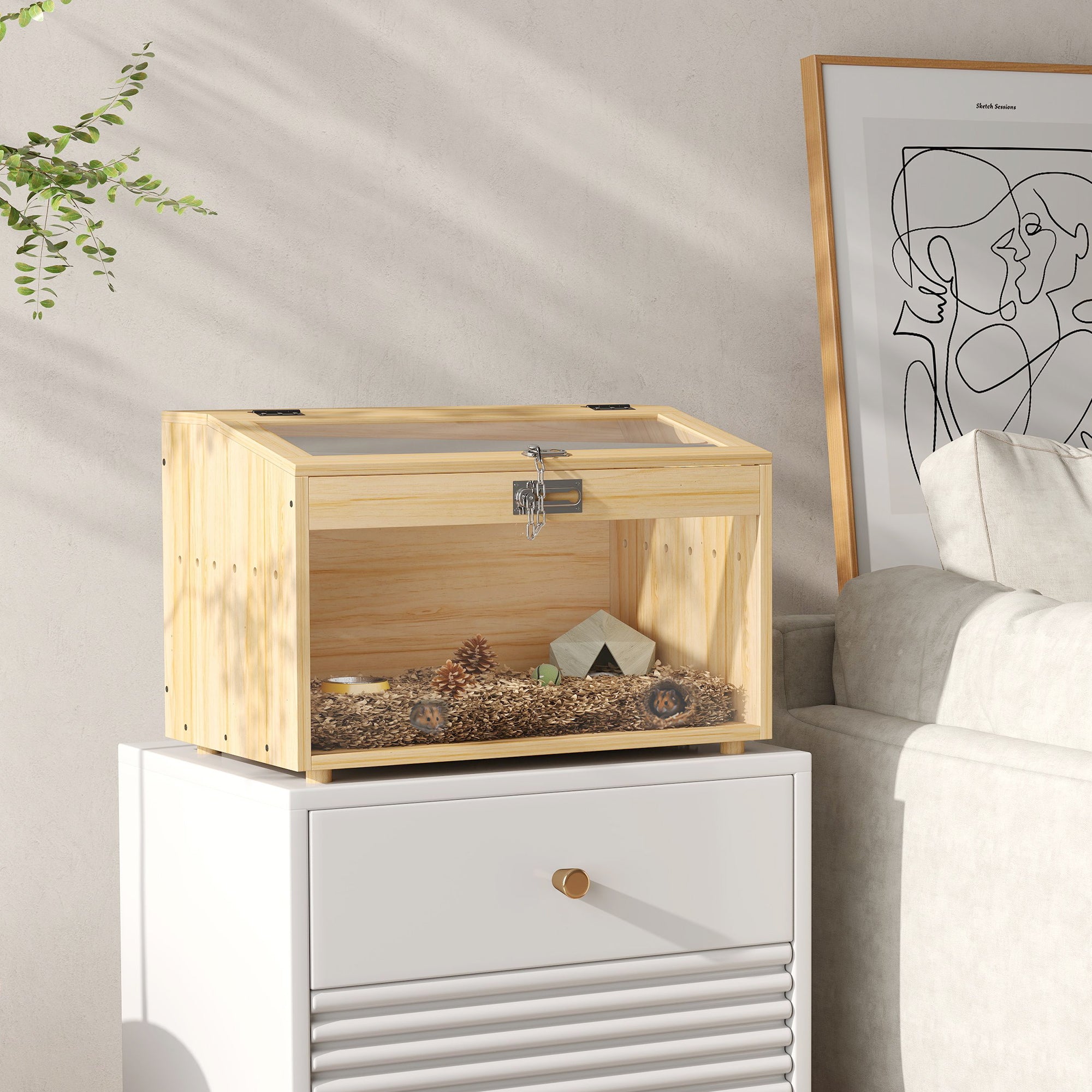 Wooden Hamster Cage, Mouse Cage with Openable Lid, Acrylic Window, and Ventilation Holes for Dwarf Hamsters and Gerbils, 55 x 35 x 35 cm, Natural Wood Effect