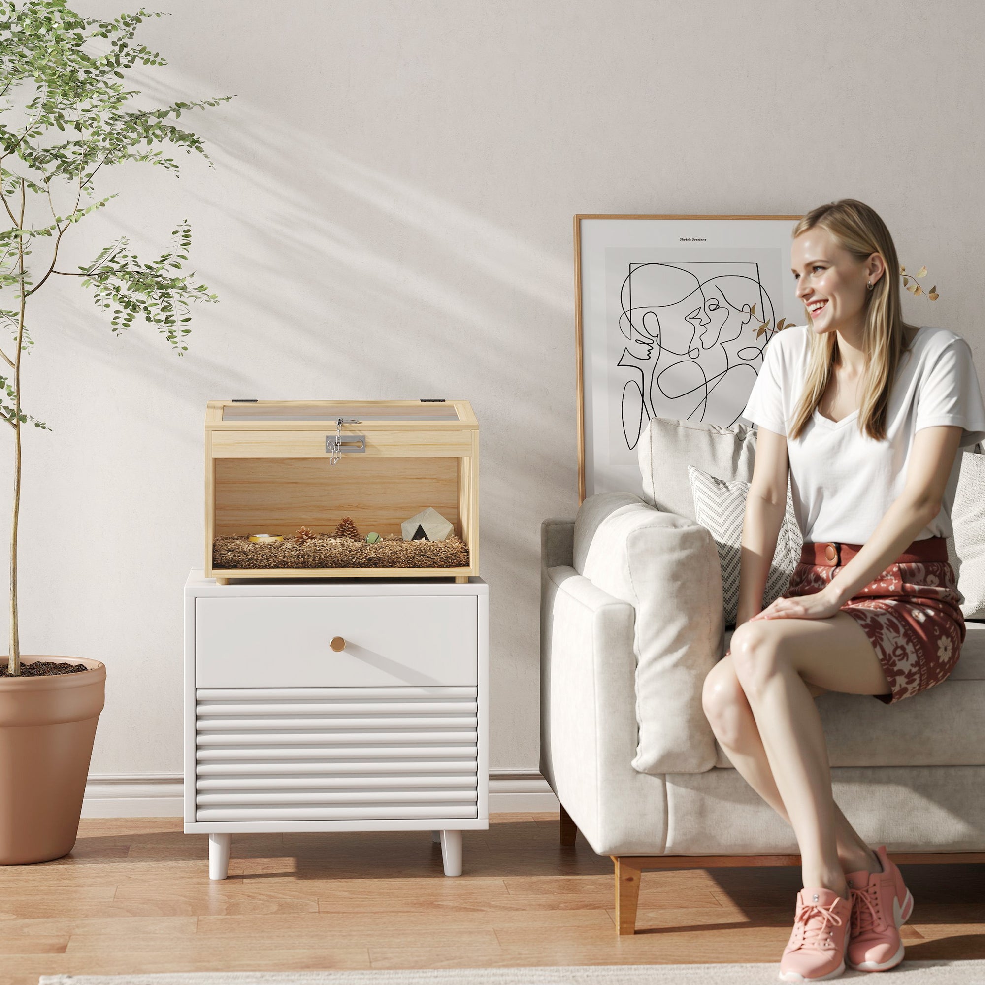 Wooden Hamster Cage, Mouse Cage with Openable Lid, Acrylic Window, and Ventilation Holes for Dwarf Hamsters and Gerbils, 55 x 35 x 35 cm, Natural Wood Effect