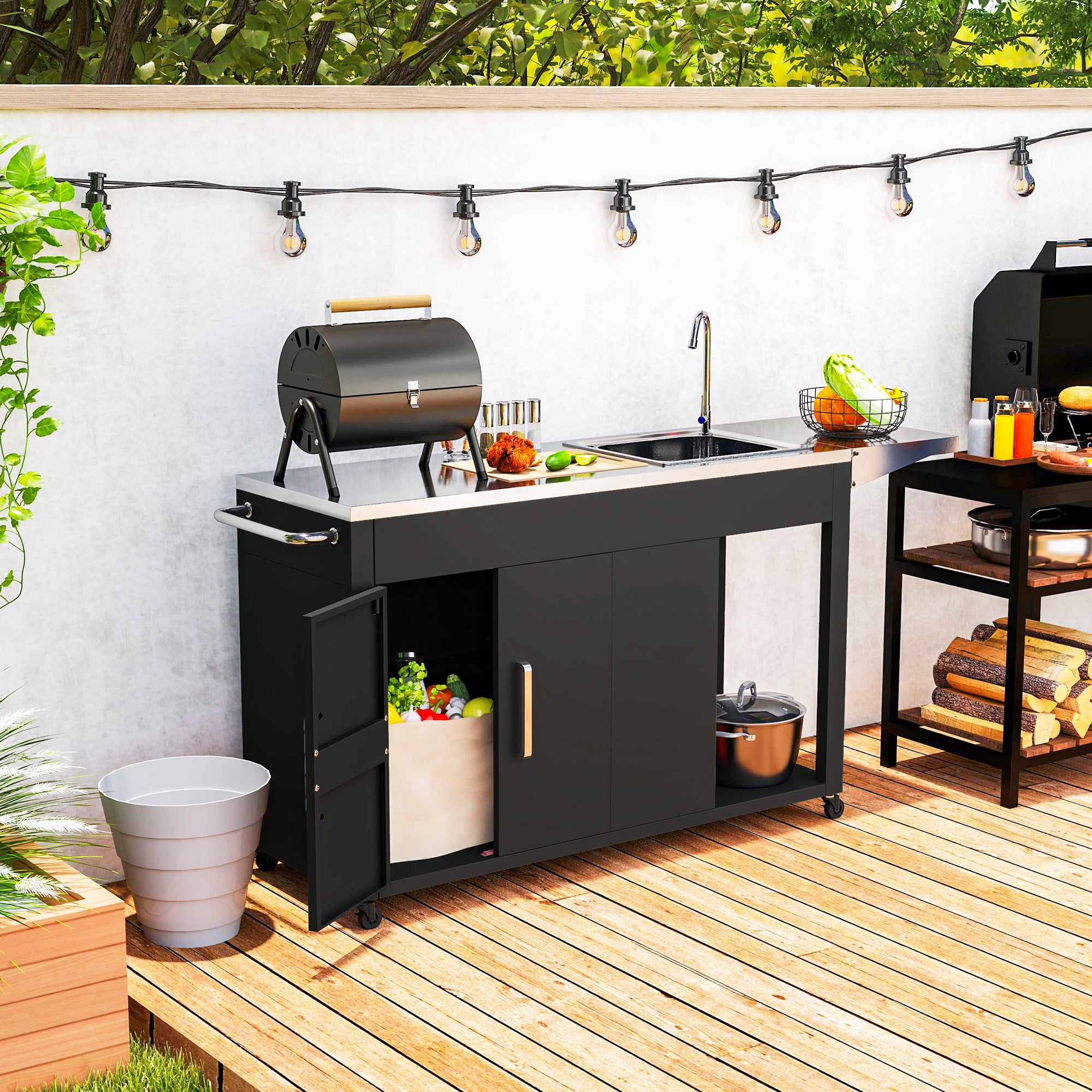 Grill Cart Serving Trolley with Work Surface Side Table Shelf Cabinet Sink Wheels, BBQ Stainless Steel Grill Table, Outdoor Grill Side Table for Garden, Patio, Grill 162.5 x 47 x 87cm Black