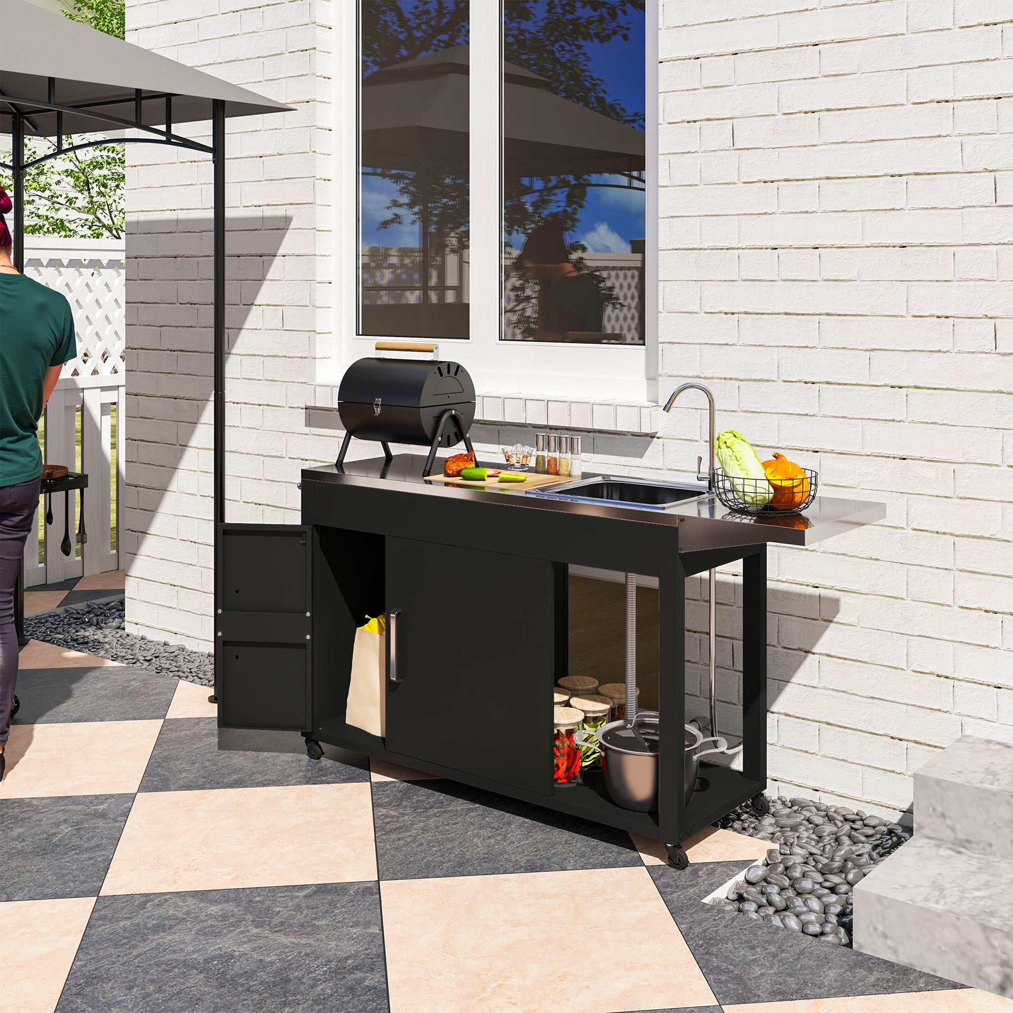Grill Cart Serving Trolley with Work Surface Side Table Shelf Cabinet Sink Wheels, BBQ Stainless Steel Grill Table, Outdoor Grill Side Table for Garden, Patio, Grill 162.5 x 47 x 87cm Black
