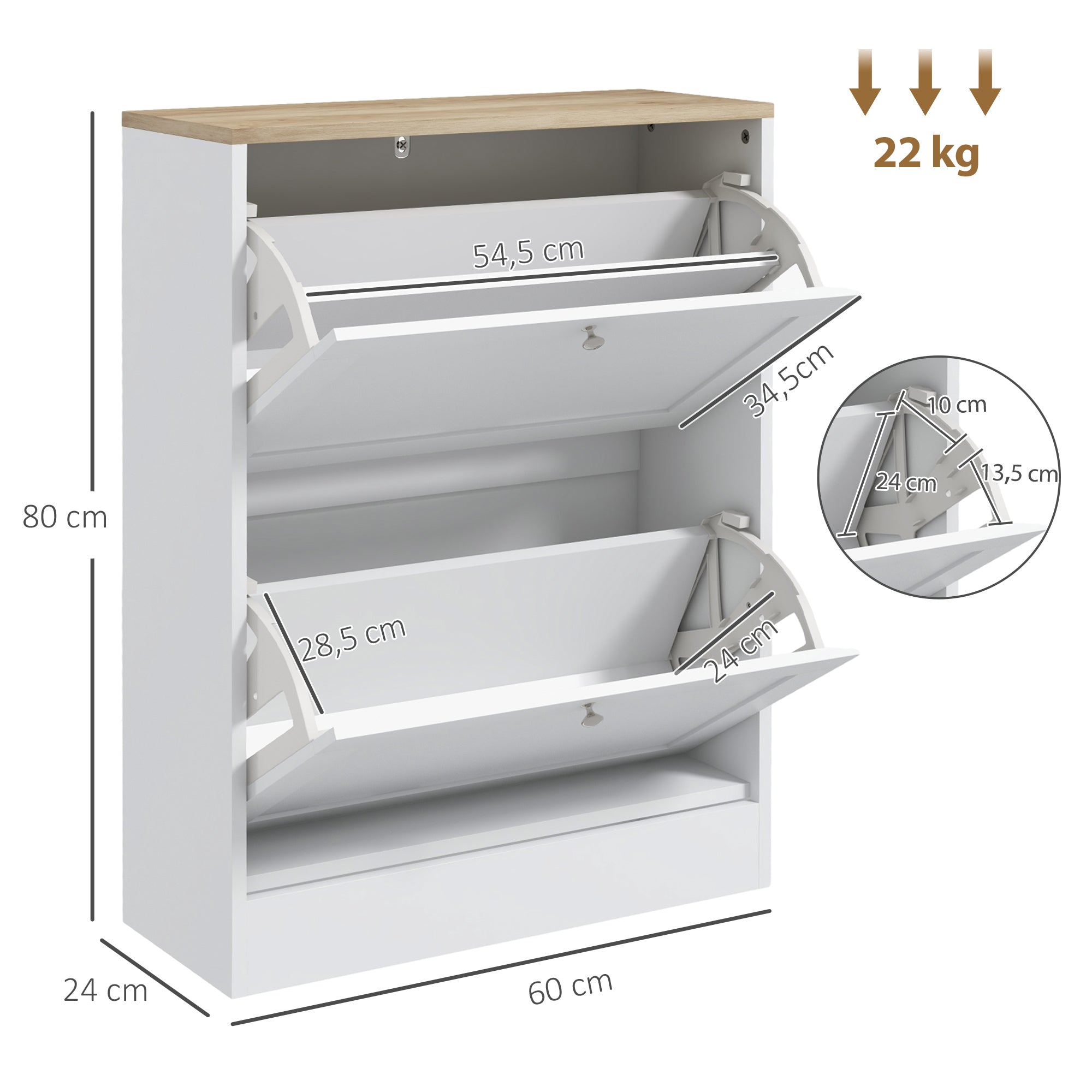 Shoe Cabinet for 12 Pairs, Narrow Shoe Storage Cabinet, Modern Entryway Furniture with 2 Fold-Down Drawers and Adjustable Shelves, for Hallway and Entrance, 60 x 24 x 80 cm, White