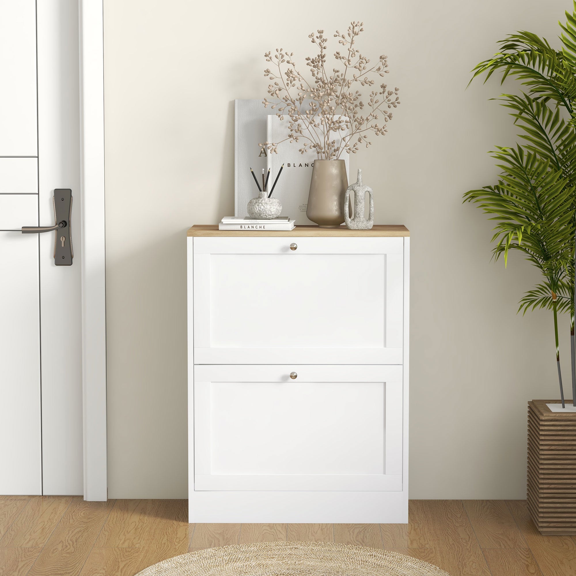 Shoe Cabinet for 12 Pairs, Narrow Shoe Storage Cabinet, Modern Entryway Furniture with 2 Fold-Down Drawers and Adjustable Shelves, for Hallway and Entrance, 60 x 24 x 80 cm, White