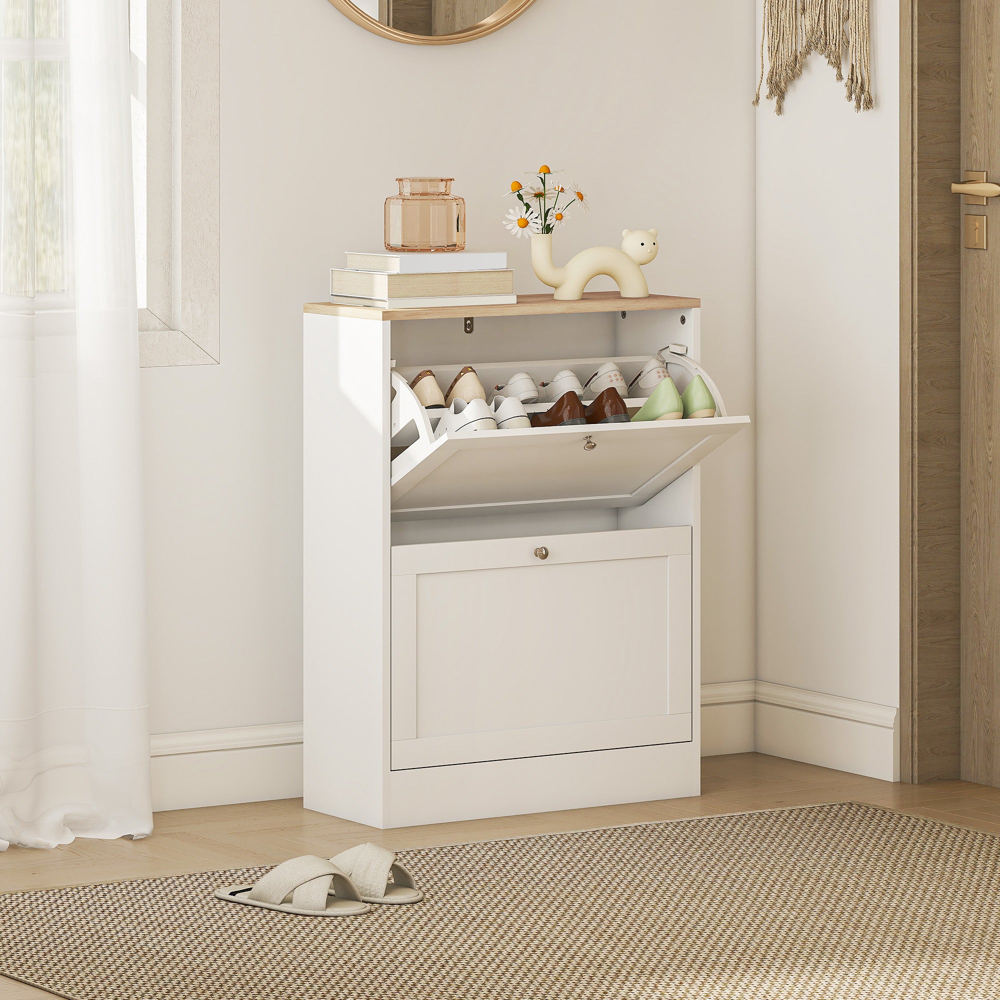 Shoe Cabinet for 12 Pairs, Narrow Shoe Storage Cabinet, Modern Entryway Furniture with 2 Fold-Down Drawers and Adjustable Shelves, for Hallway and Entrance, 60 x 24 x 80 cm, White