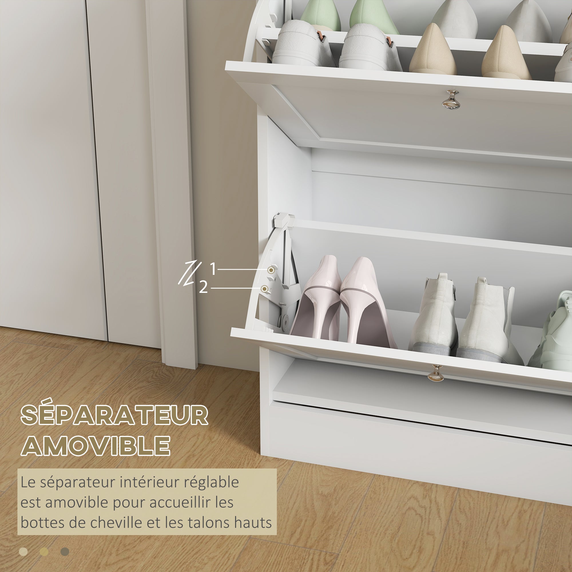 Shoe Cabinet for 12 Pairs, Narrow Shoe Storage Cabinet, Modern Entryway Furniture with 2 Fold-Down Drawers and Adjustable Shelves, for Hallway and Entrance, 60 x 24 x 80 cm, White