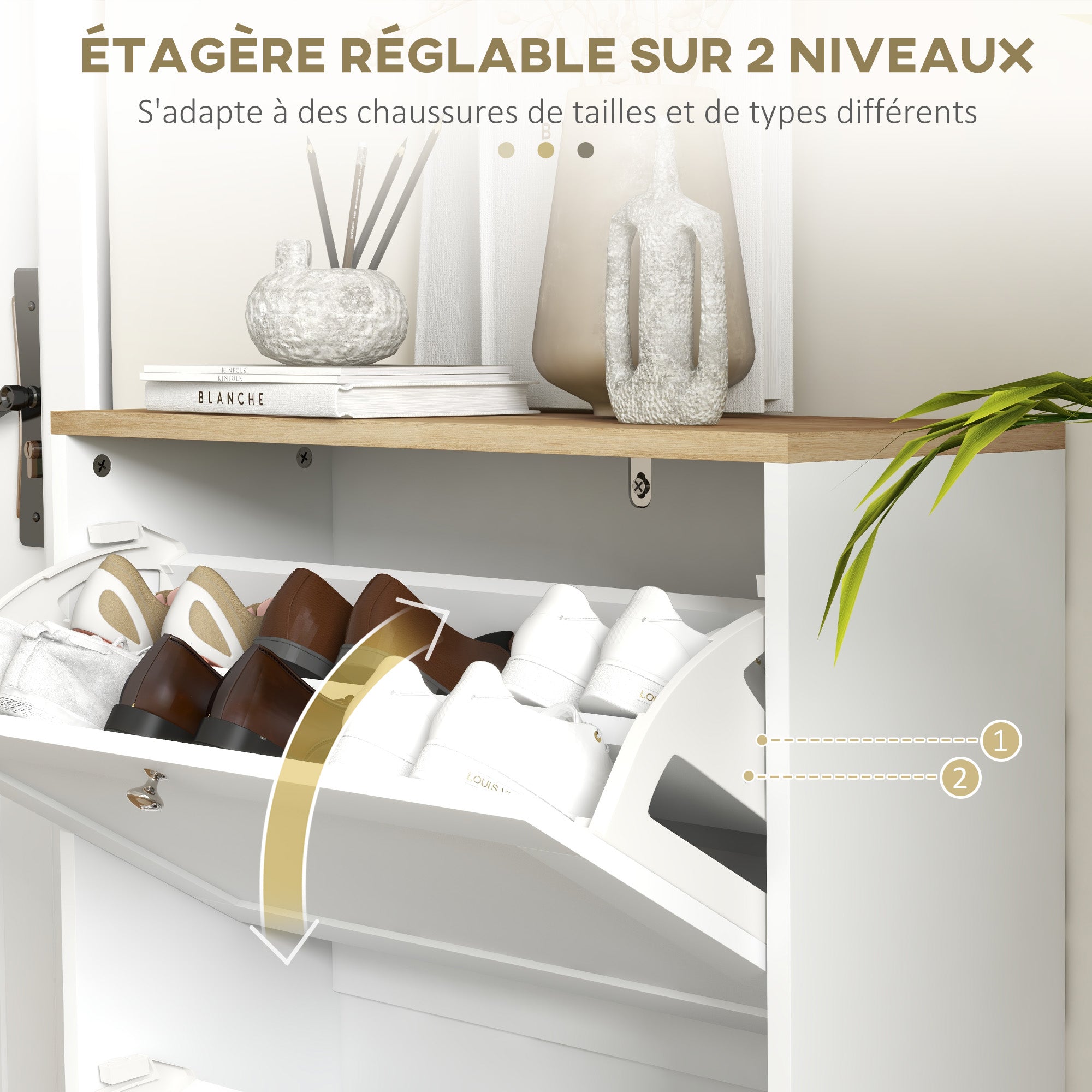 Shoe Cabinet for 12 Pairs, Narrow Shoe Storage Cabinet, Modern Entryway Furniture with 2 Fold-Down Drawers and Adjustable Shelves, for Hallway and Entrance, 60 x 24 x 80 cm, White