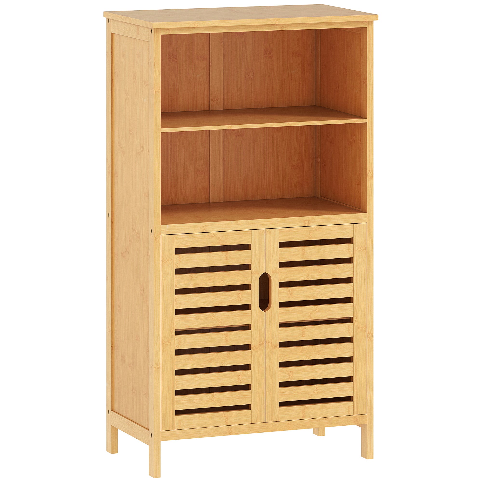 Bathroom Cabinet, Bamboo Under Cabinet, Bathroom Cabinet with Louvered Doors, Side Cabinet, Multipurpose Cabinet with Anti-Tip Device, Country Style, Natural Wood, 50 x 29 x 92 cm