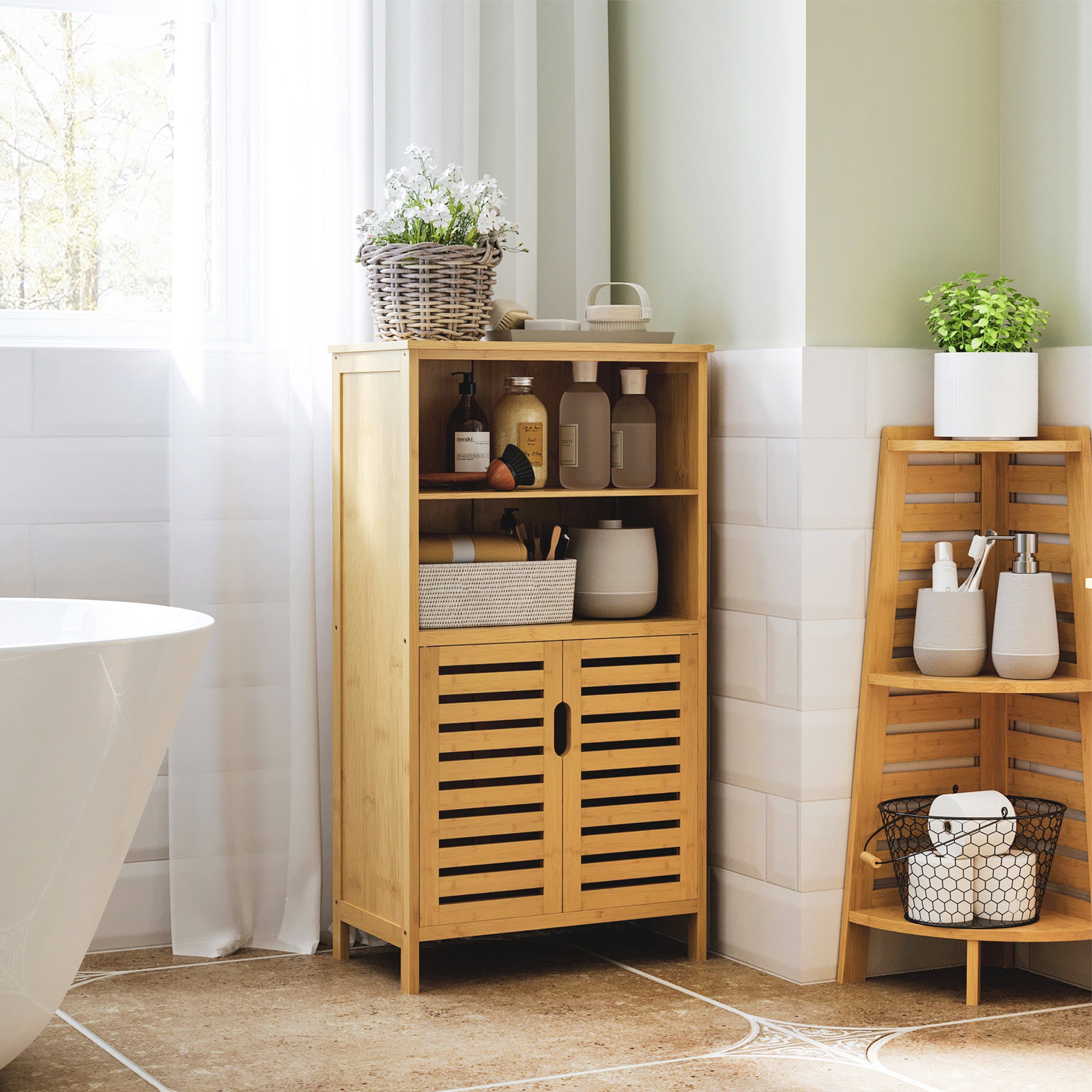 Bathroom Cabinet, Bamboo Under Cabinet, Bathroom Cabinet with Louvered Doors, Side Cabinet, Multipurpose Cabinet with Anti-Tip Device, Country Style, Natural Wood, 50 x 29 x 92 cm