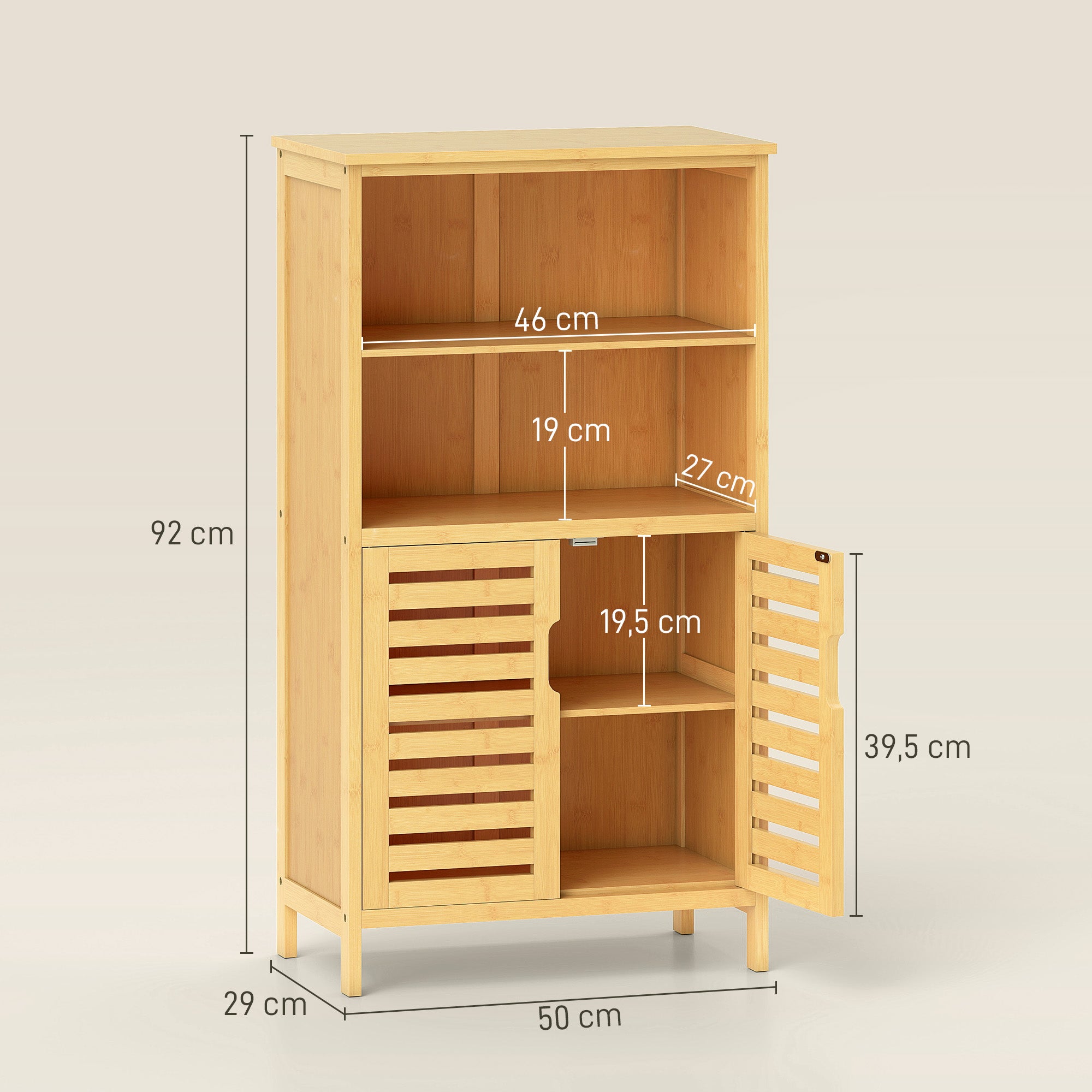 Bathroom Cabinet, Bamboo Under Cabinet, Bathroom Cabinet with Louvered Doors, Side Cabinet, Multipurpose Cabinet with Anti-Tip Device, Country Style, Natural Wood, 50 x 29 x 92 cm