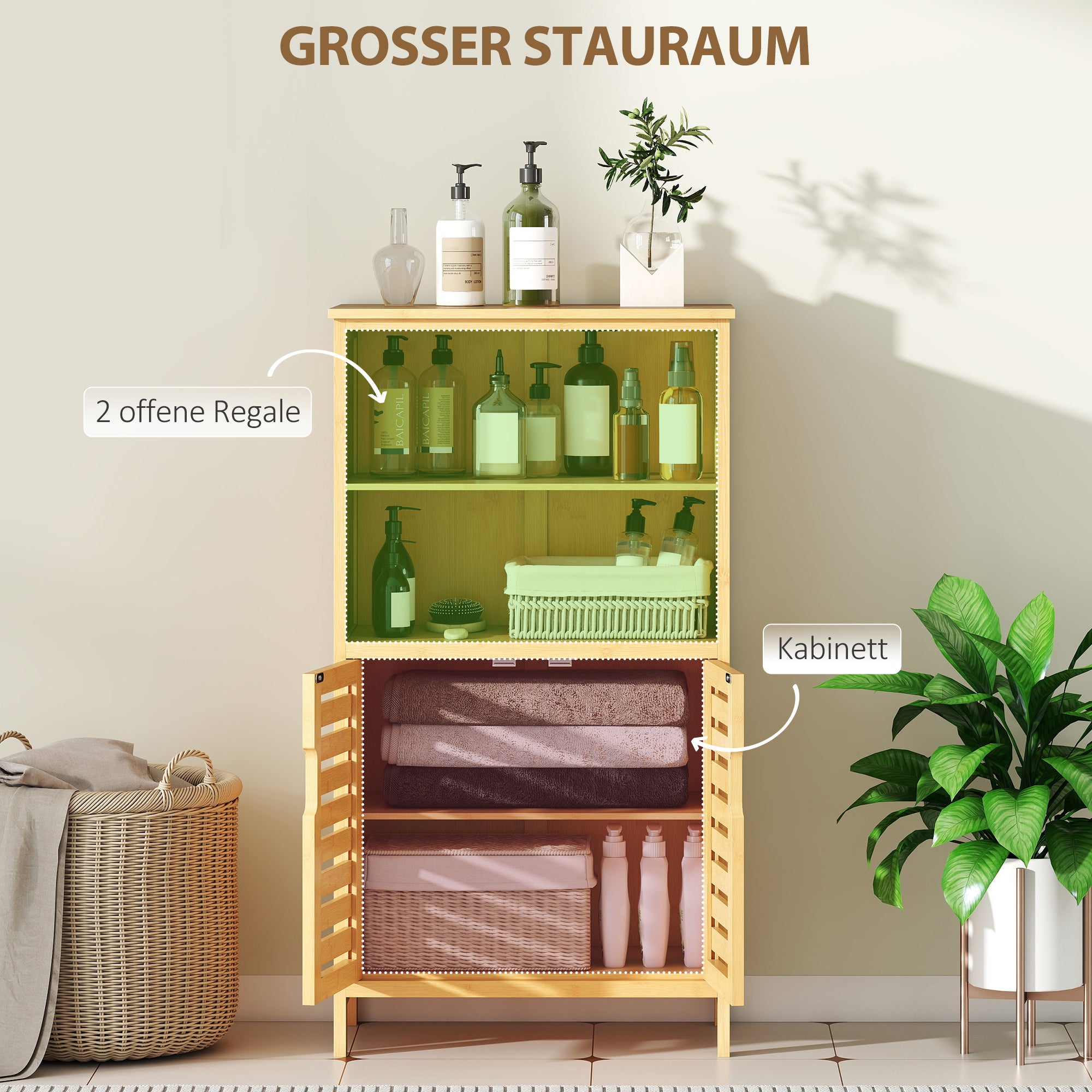 Bathroom Cabinet, Bamboo Under Cabinet, Bathroom Cabinet with Louvered Doors, Side Cabinet, Multipurpose Cabinet with Anti-Tip Device, Country Style, Natural Wood, 50 x 29 x 92 cm