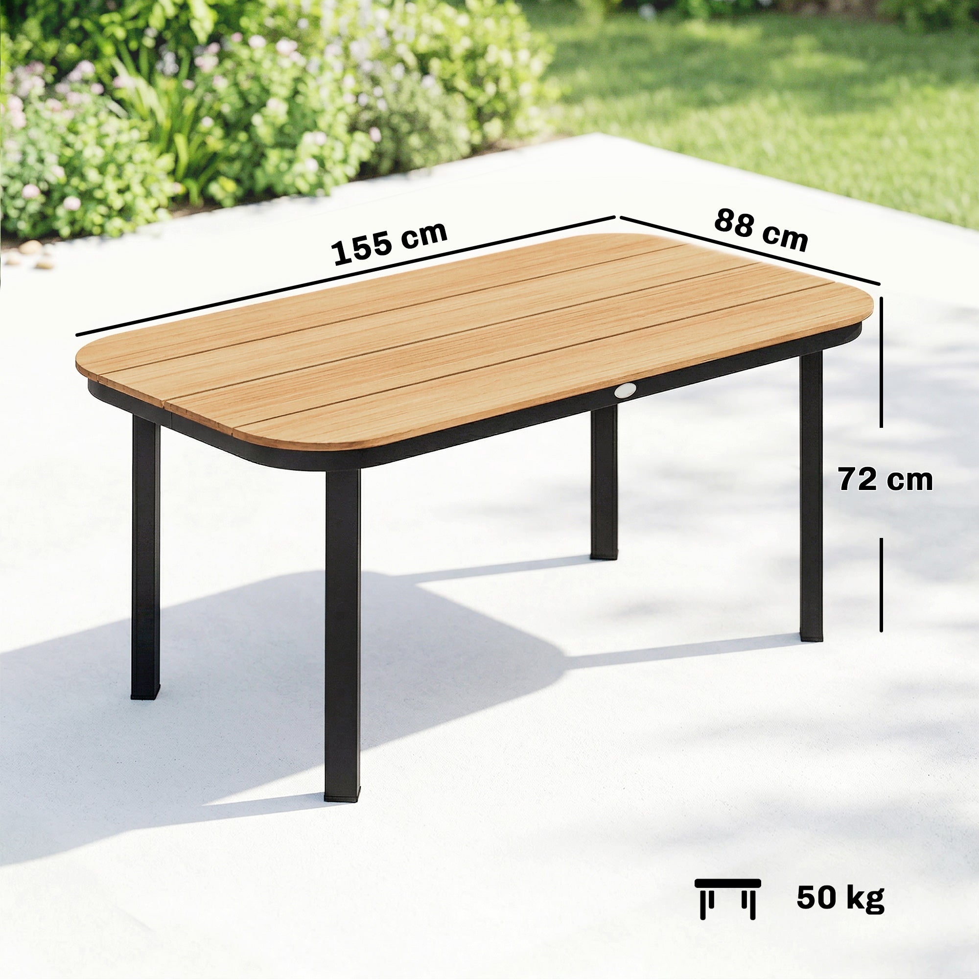 6-Person Outdoor Dining Table — WPC Slatted Top, Metal Frame, Brown, 61 x 34.6 x 28.3 in