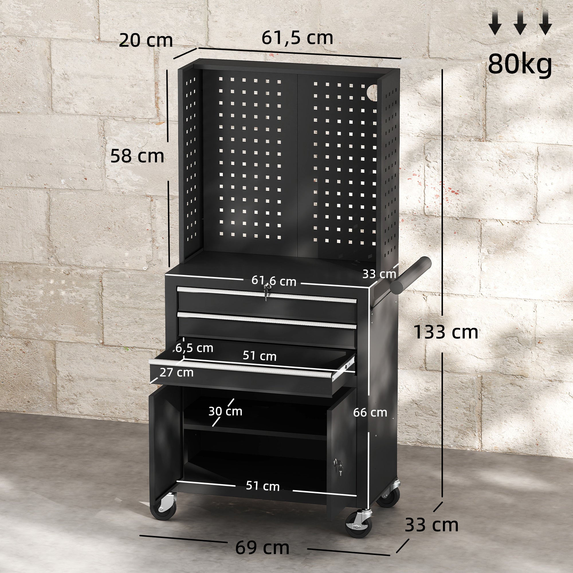 3-Drawer Steel Workshop Cart with Lockable Wheels, Adjustable Shelf & Pegboard - Black