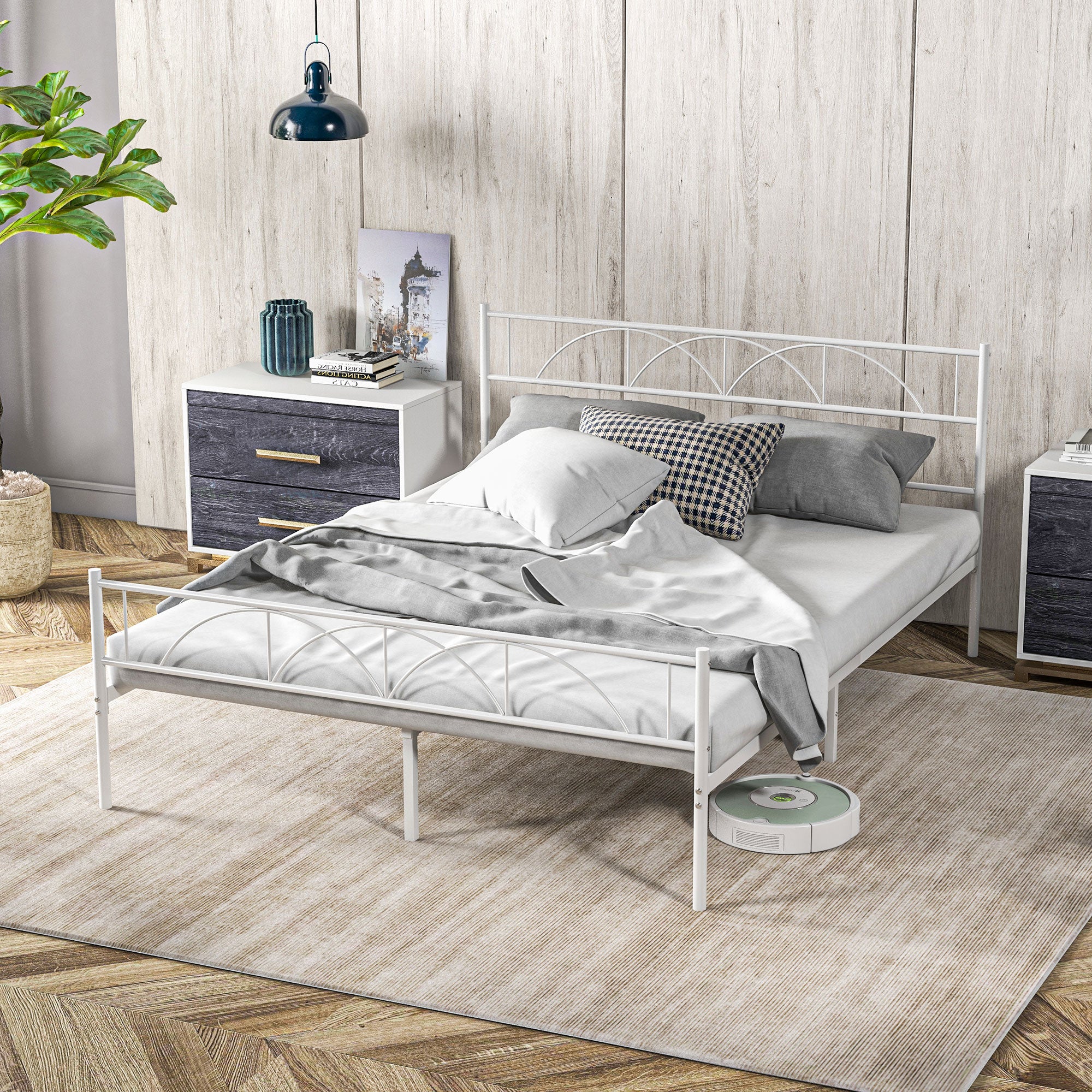 Double Bed 150x200 cm Bed Frame with Headboard Steel Slats and Storage Space Underneath Load 330 kg White