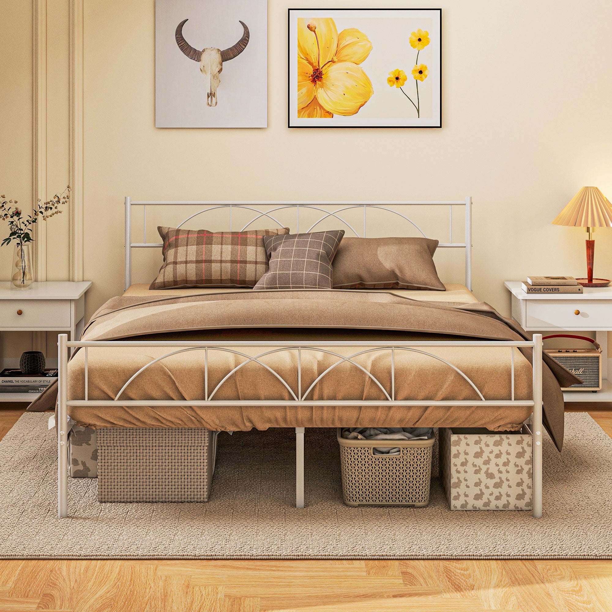 Double Bed 150x200 cm Bed Frame with Headboard Steel Slats and Storage Space Underneath Load 330 kg White