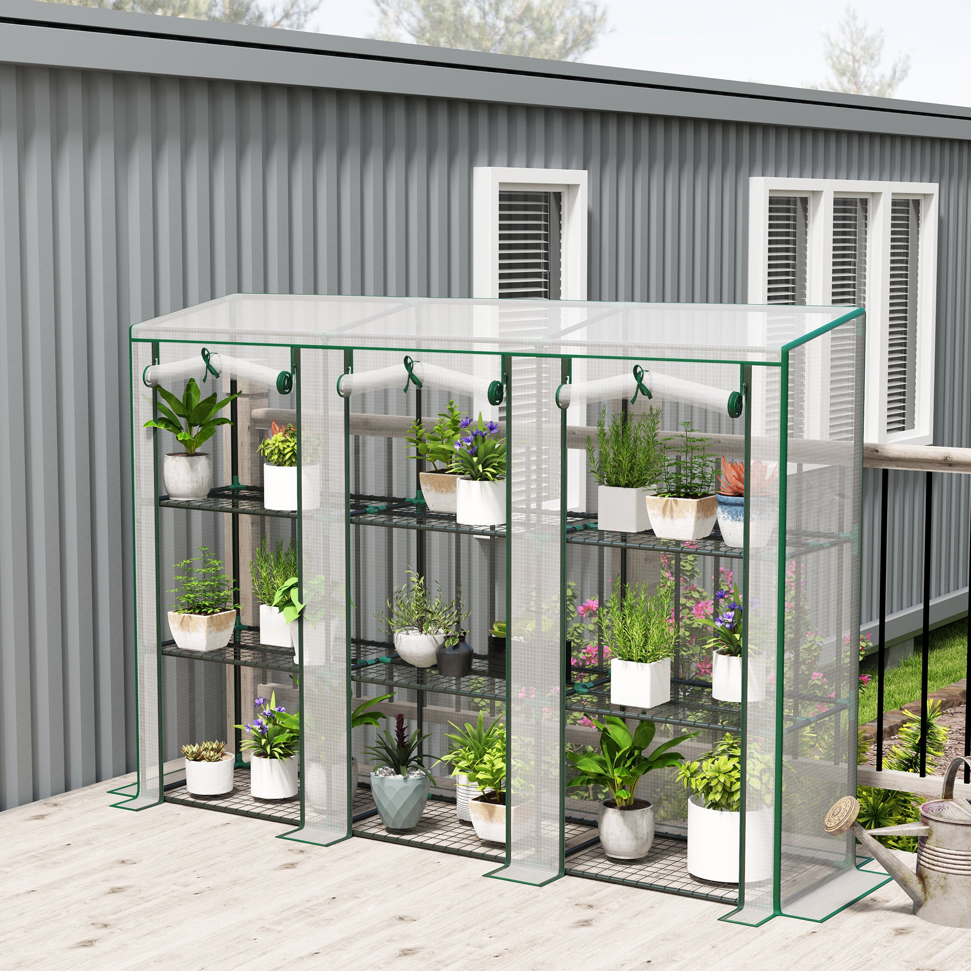 3-Tier PVC Garden Greenhouse with Steel Frame, 2 Roll-Up Zip Doors — 215 x 46 x 151 cm (84.6" x 18.1" x 59.4"), White