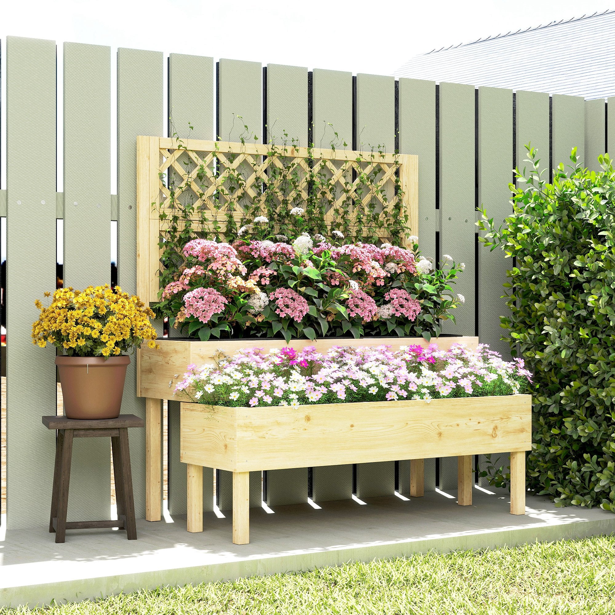 2-Tier Raised Planter with Trellis — 2 Fabric-Lined Wooden Plant Boxes for Climbing Plants, 108 x 62 x 120 cm (42.5 x 24.4 x 47.2 in)