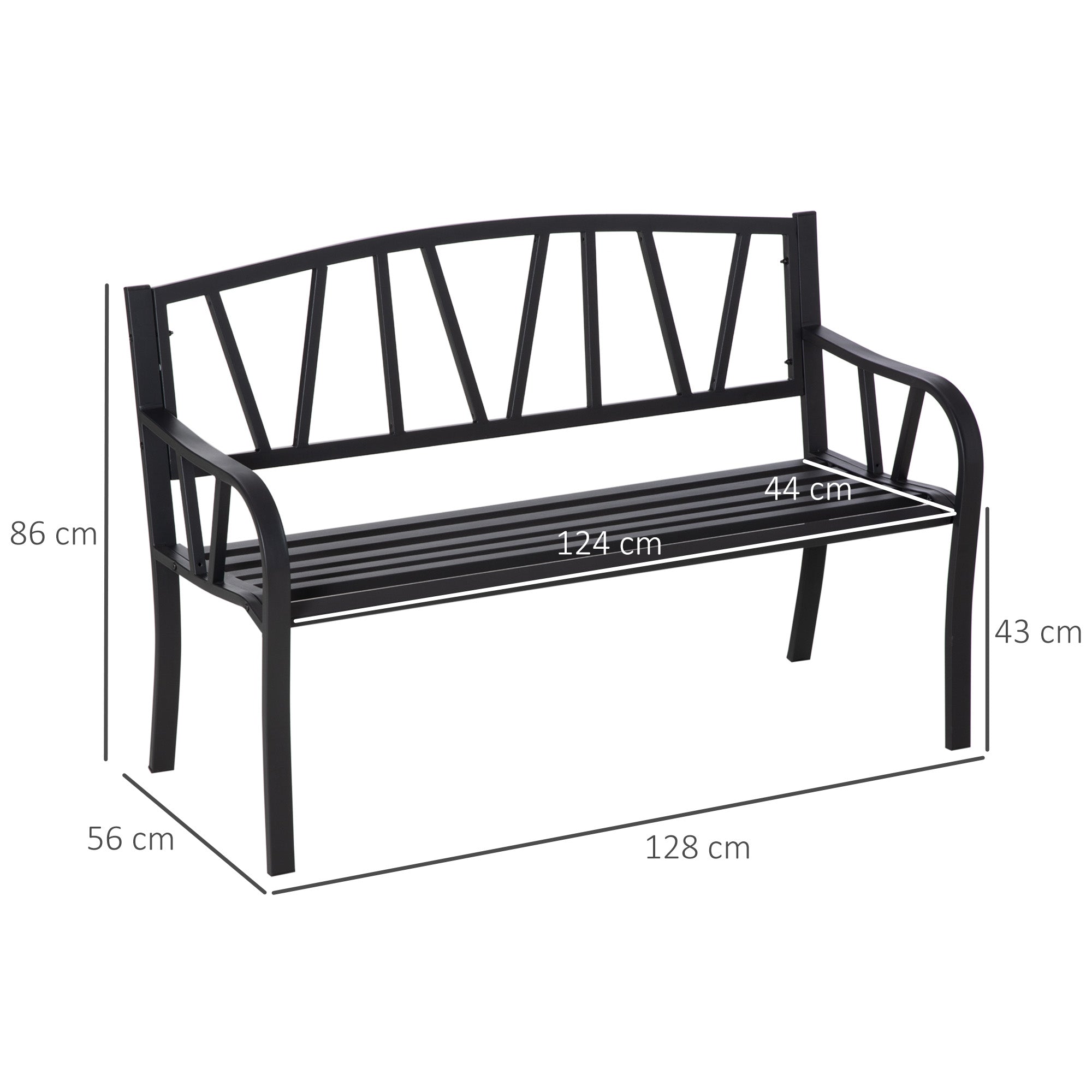 Black Waterproof Metal Garden Bench, Outdoor Iron 2-Seater Bench, 128x56x86cm
