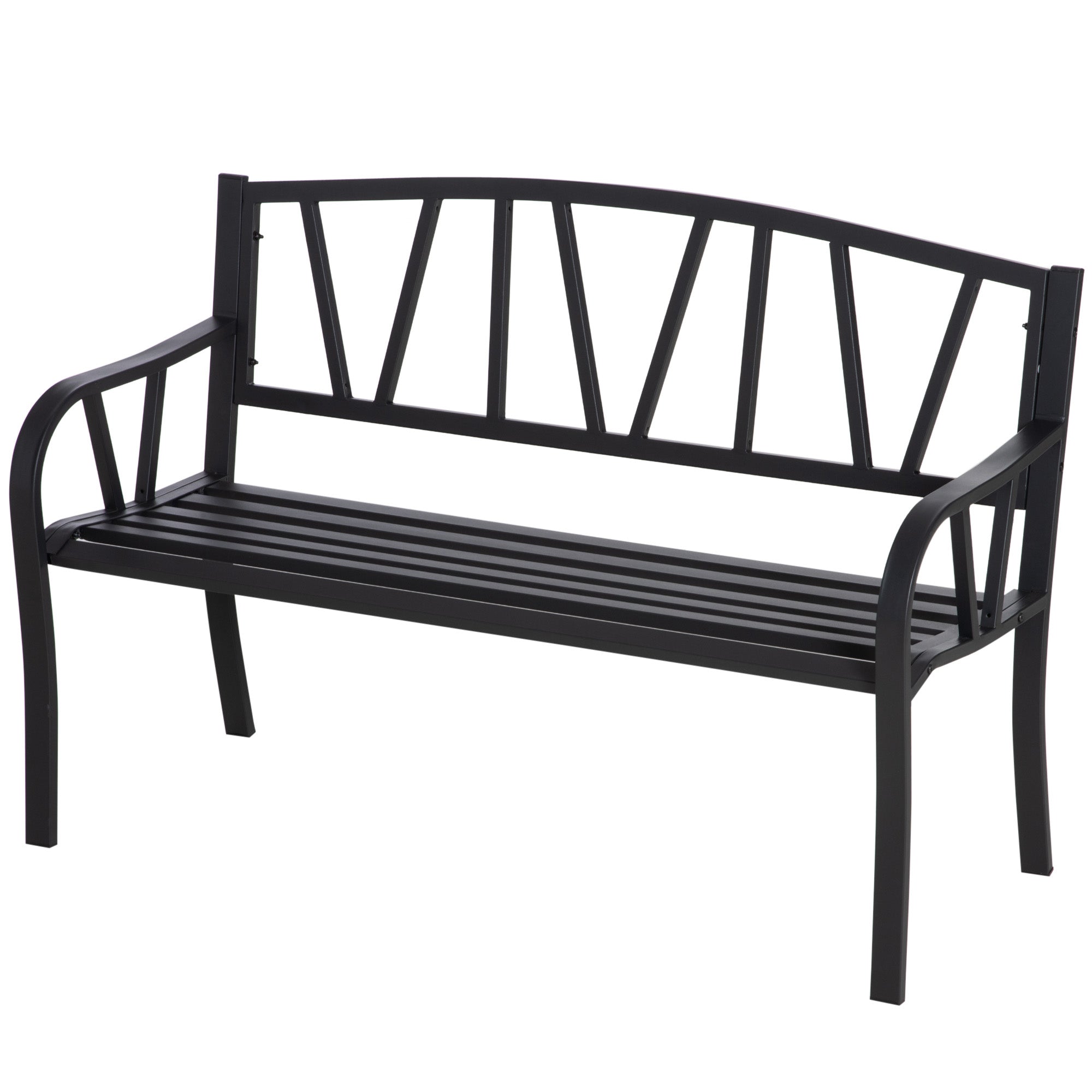 Black Waterproof Metal Garden Bench, Outdoor Iron 2-Seater Bench, 128x56x86cm