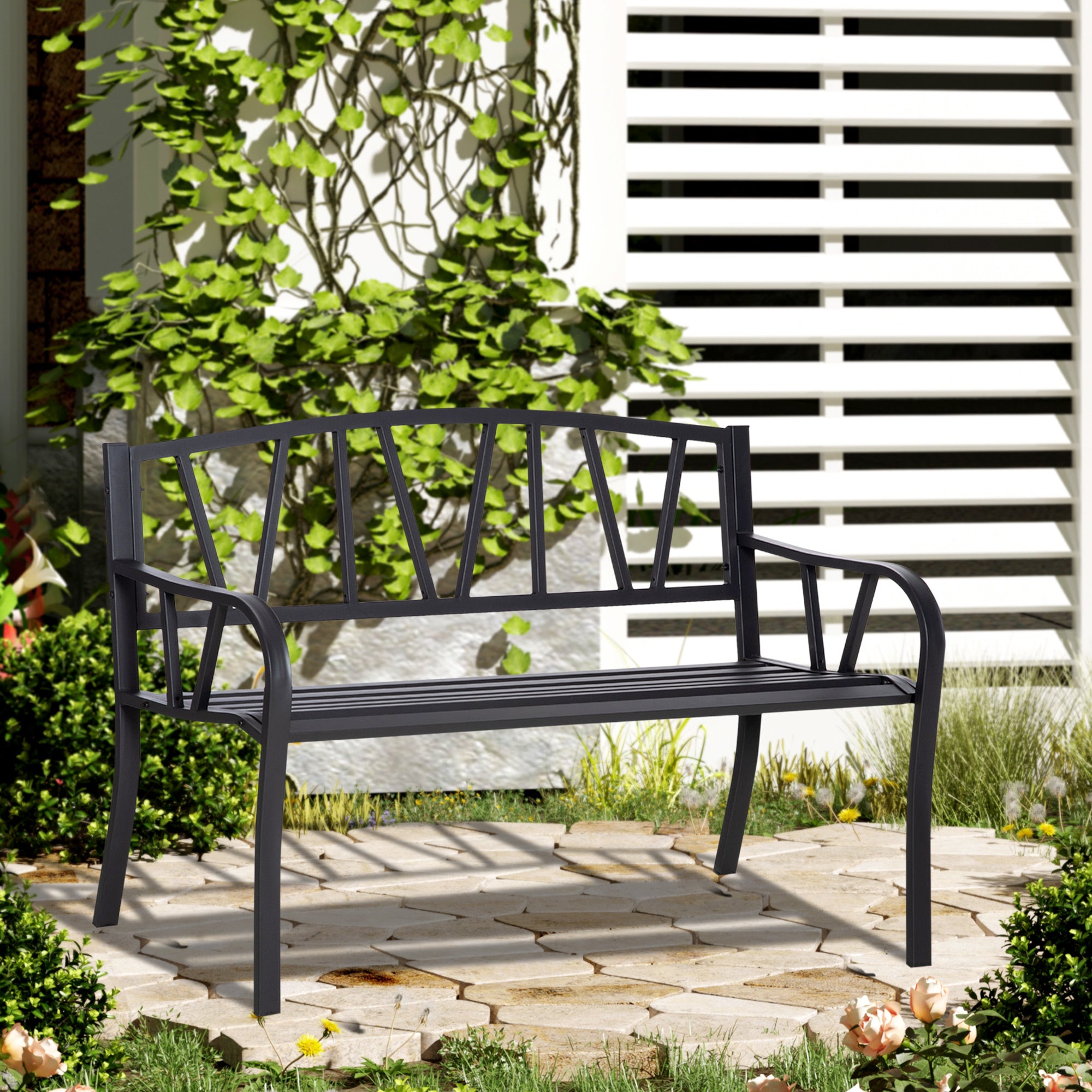 Black Waterproof Metal Garden Bench, Outdoor Iron 2-Seater Bench, 128x56x86cm