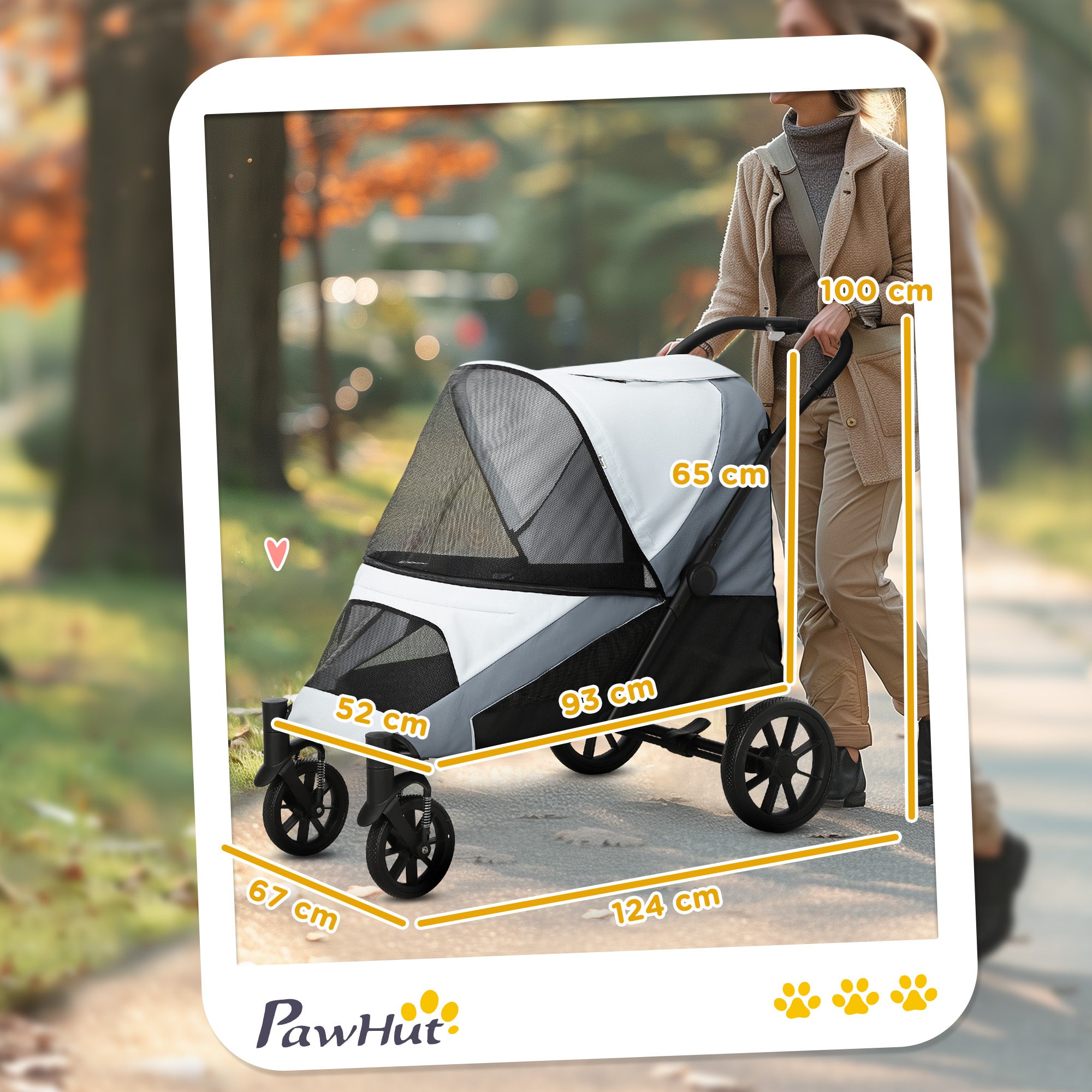 Dog Buggy Foldable Pet Stroller for Large Dogs & Cats up to 30 kg Cat Stroller with Cushion Mesh Windows Doors Storage Bag Cat Carriage with Safety Leashes, Brakes, Gray