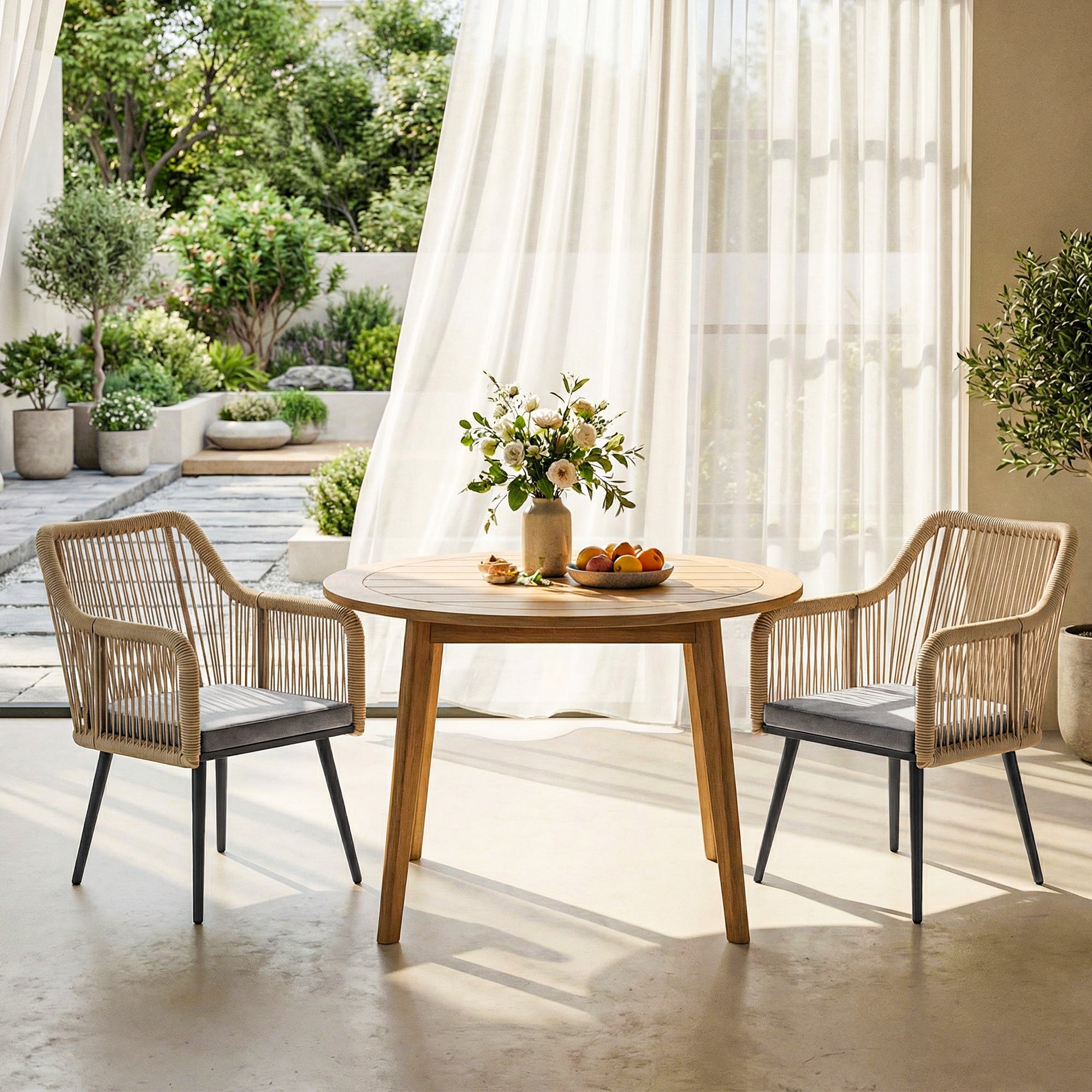 Set of 2 Outdoor Rattan Garden Chairs with Cushions, Armrests & Steel Frame — Weather-Resistant for Balcony/Patio, Light Gray (21.3 x 25.6 x 31.5 in)
