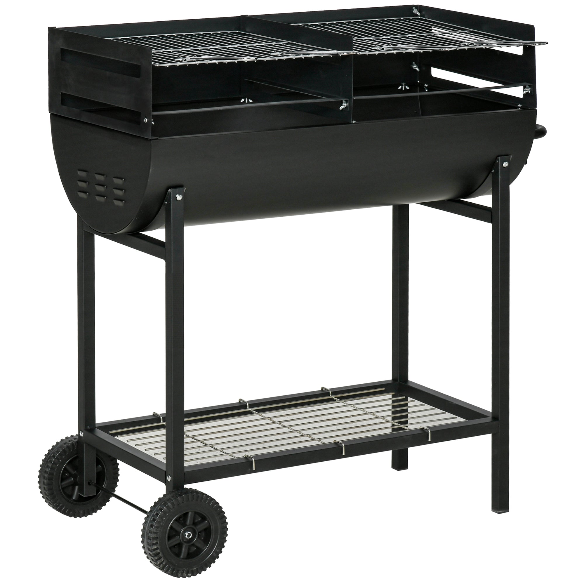 Charcoal BBQ with Adjustable Height Grill for Outdoor Portable BBQ with Storage Shelf and Wheels 90x45x96 cm Black