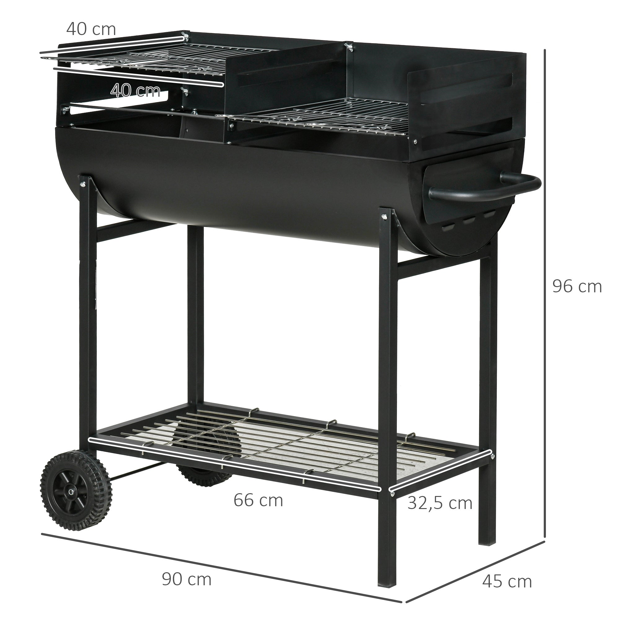 Charcoal BBQ with Adjustable Height Grill for Outdoor Portable BBQ with Storage Shelf and Wheels 90x45x96 cm Black