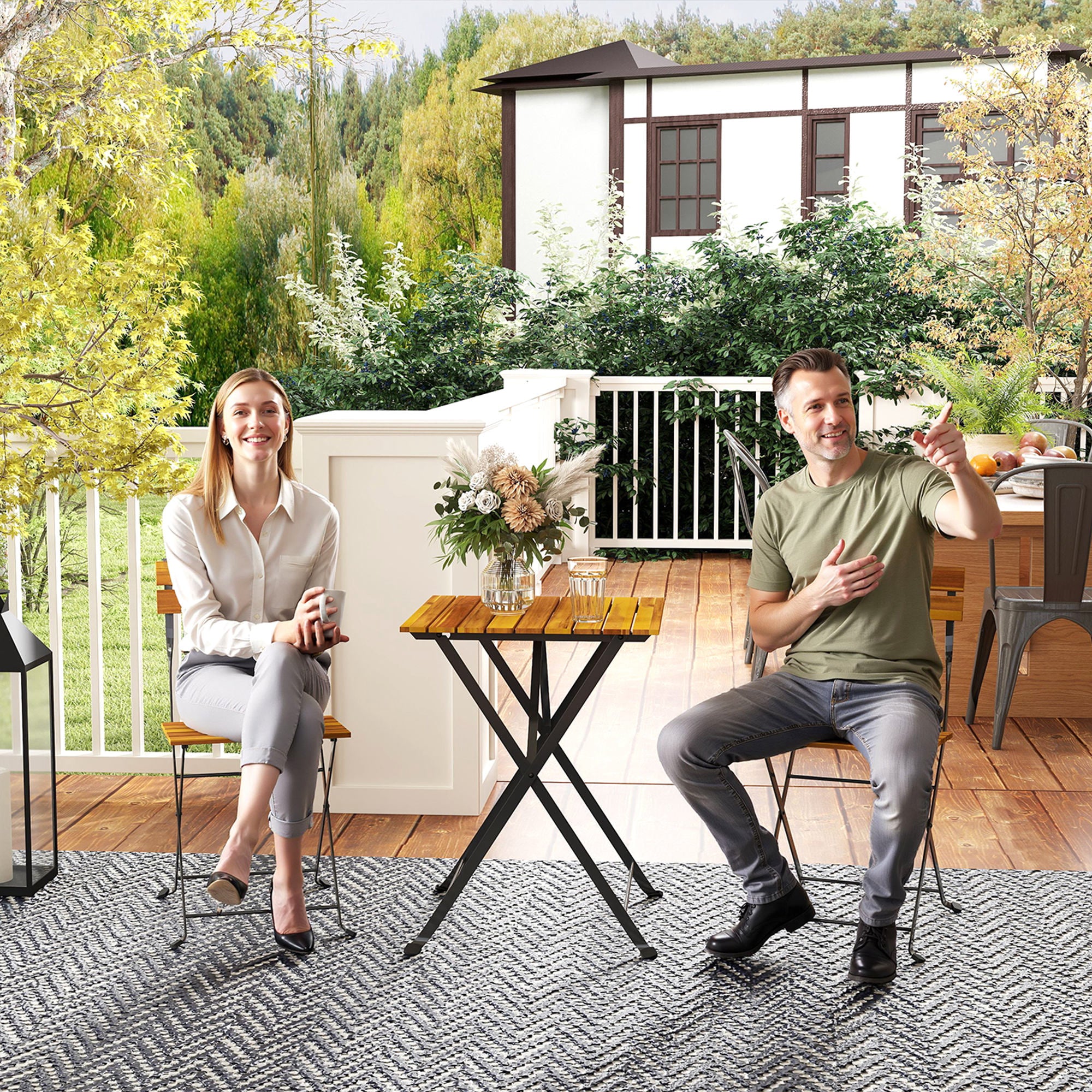 3-Piece Garden Bistro Set, Outdoor Garden Set for 2 with 2 Folding Chairs and Coffee Table in Acacia Wood and Steel, Patio Furniture, Balcony, Porch, Natural Wood Effect