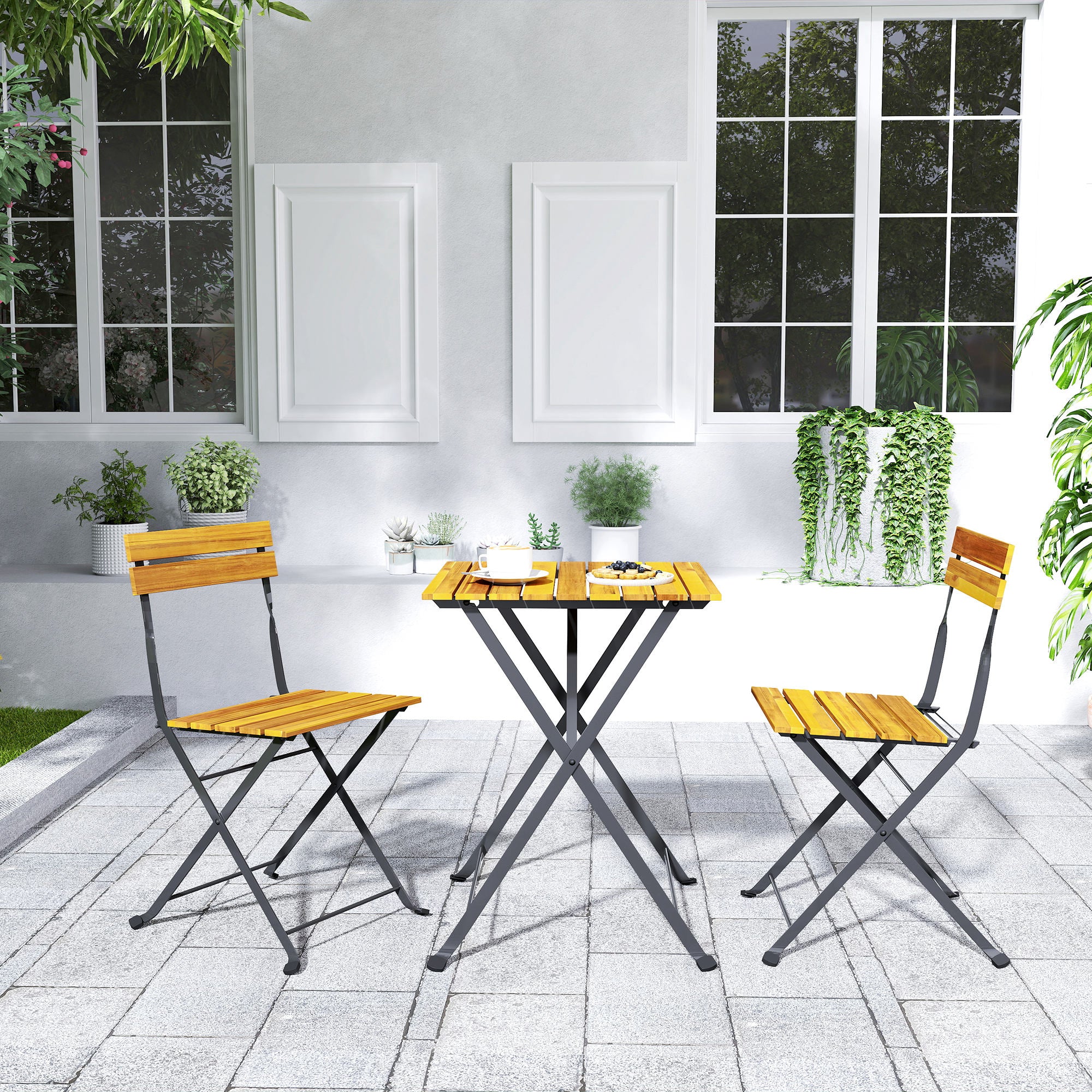 3-Piece Garden Bistro Set, Outdoor Garden Set for 2 with 2 Folding Chairs and Coffee Table in Acacia Wood and Steel, Patio Furniture, Balcony, Porch, Natural Wood Effect