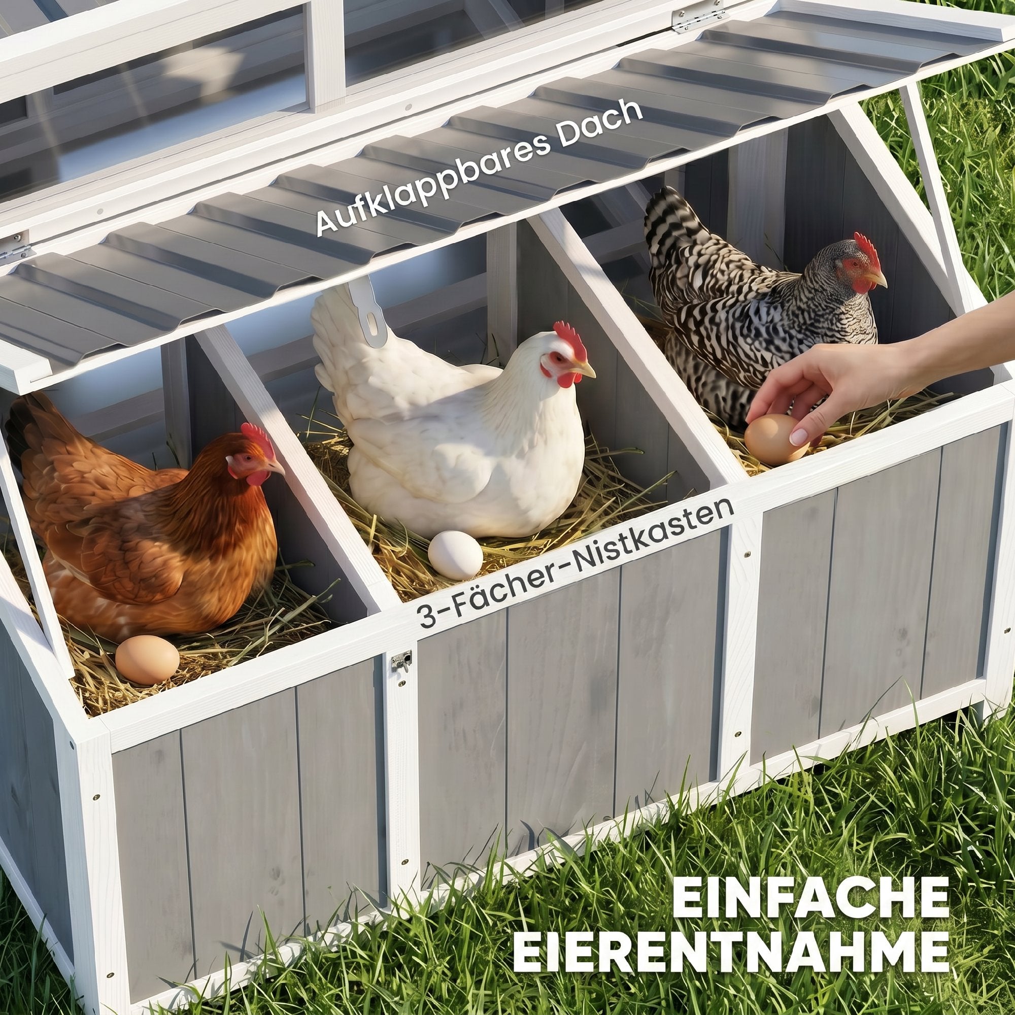 Wooden Chicken Coop with Run, 57.1 x 35.4 x 36.2 in — Elevated Weatherproof PET Roof, Lockable Doors, Nesting Box & Roosts for 3–4 Hens, Gray