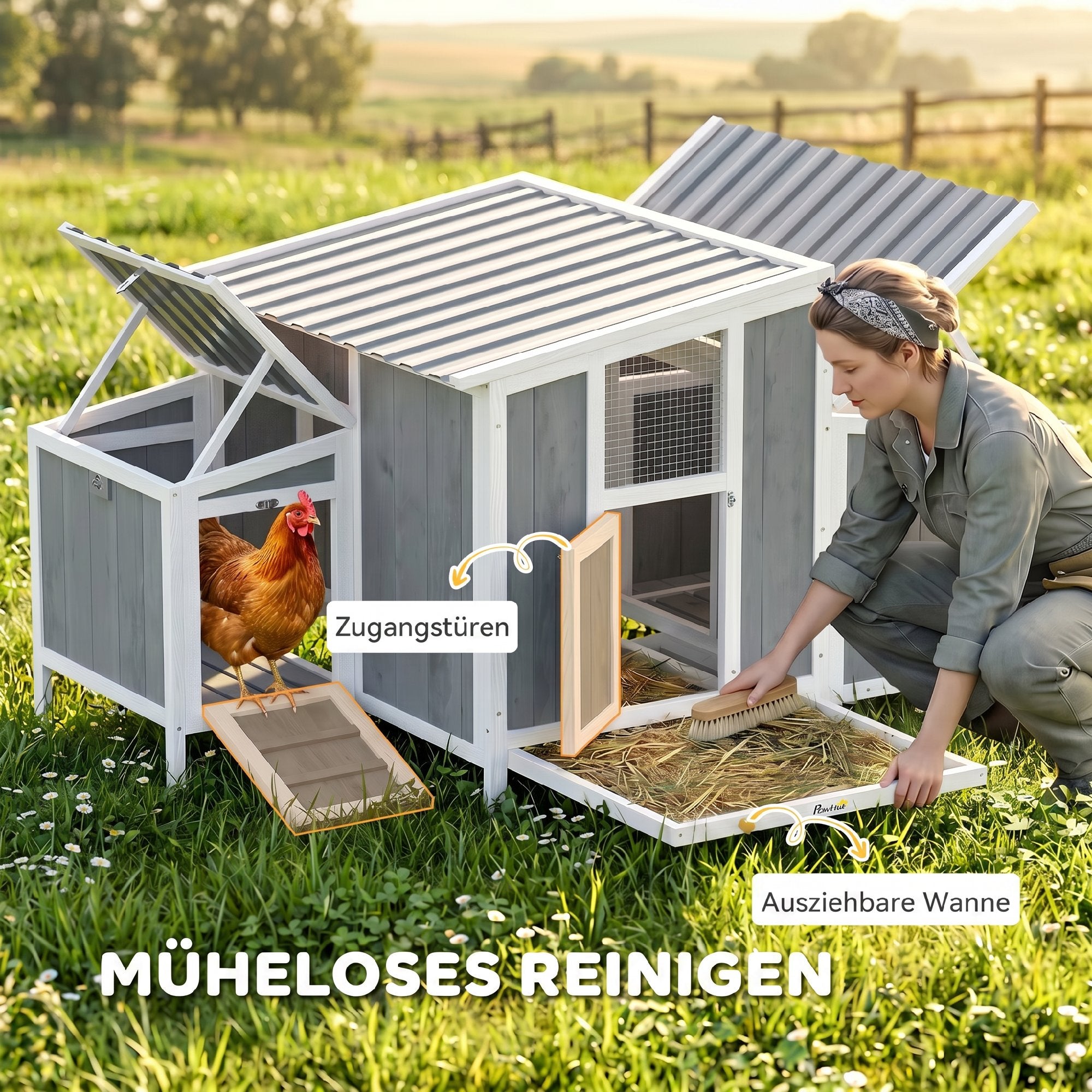 Wooden Chicken Coop with Run, 57.1 x 35.4 x 36.2 in — Elevated Weatherproof PET Roof, Lockable Doors, Nesting Box & Roosts for 3–4 Hens, Gray