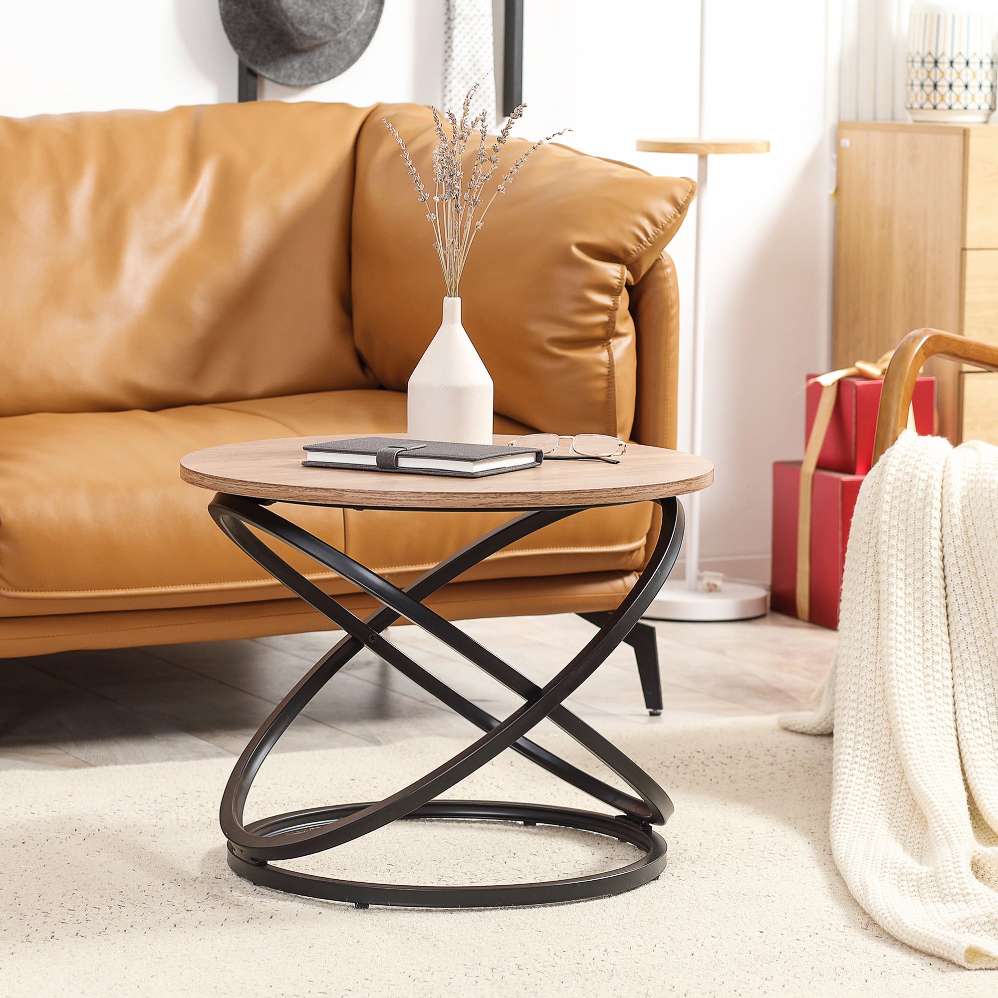 Round Coffee Table Industrial Style Side Table in Black Metal and Wood Top - dim. Ø 60 x 46H cm