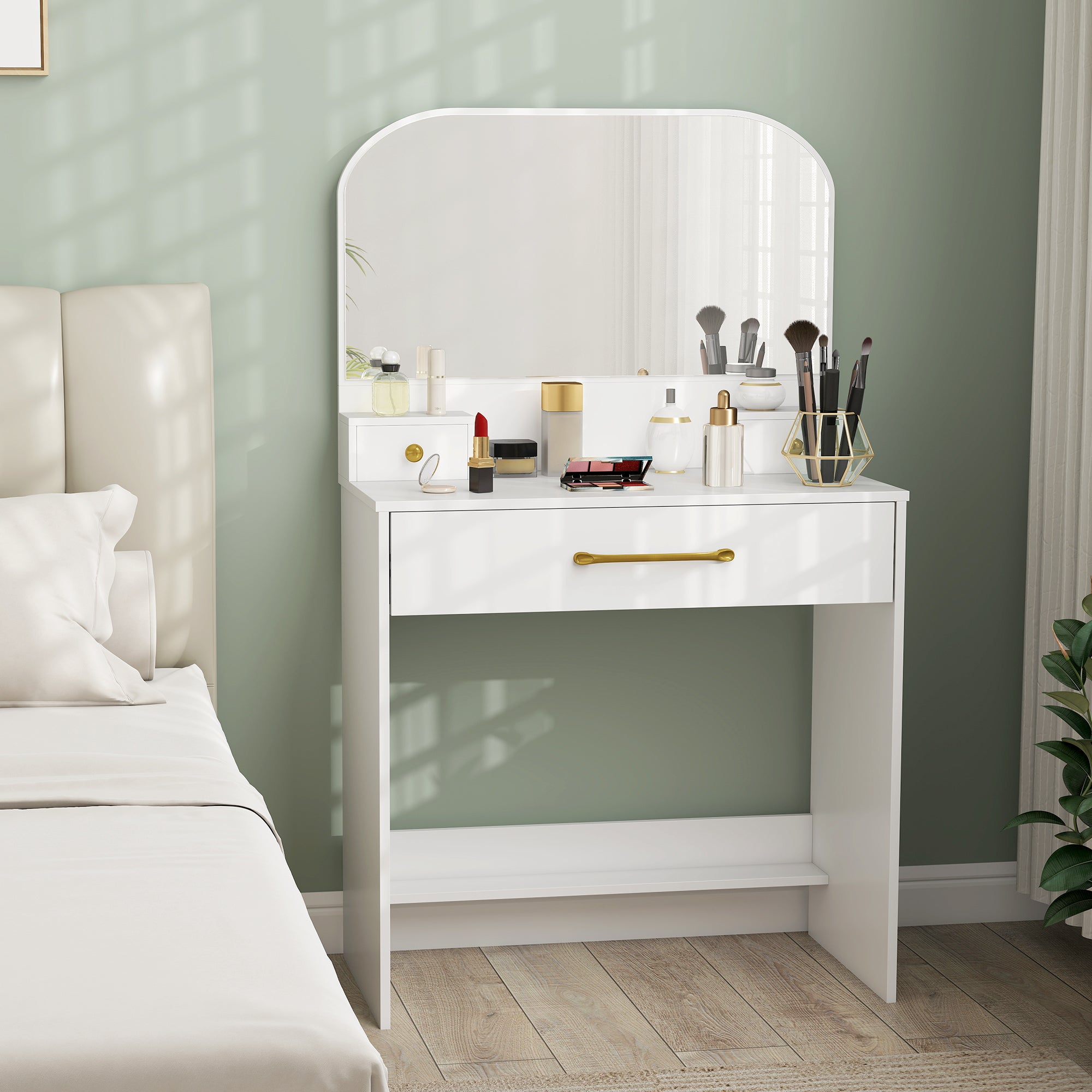 Curved-Mirror Vanity Table, 3-Drawer Makeup Desk for Small Spaces, White, 31.5 x 15.7 x 53.1 in