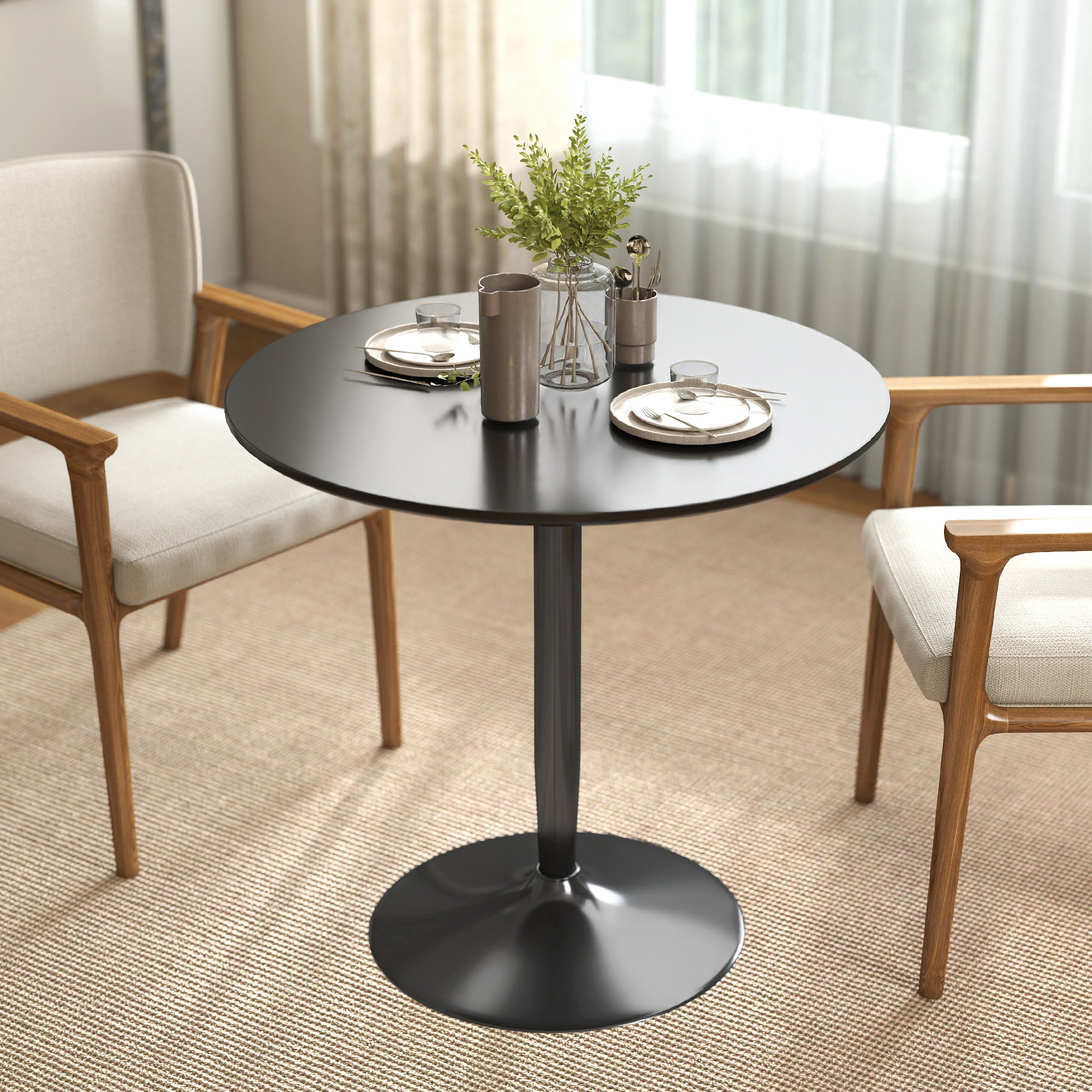Round Dining Table 31.5" Ø x 29.5" H – 2-Person Kitchen Table with Powder-Coated Steel Pedestal and Anti-Slip Feet, Modern Small Dining Table, Black