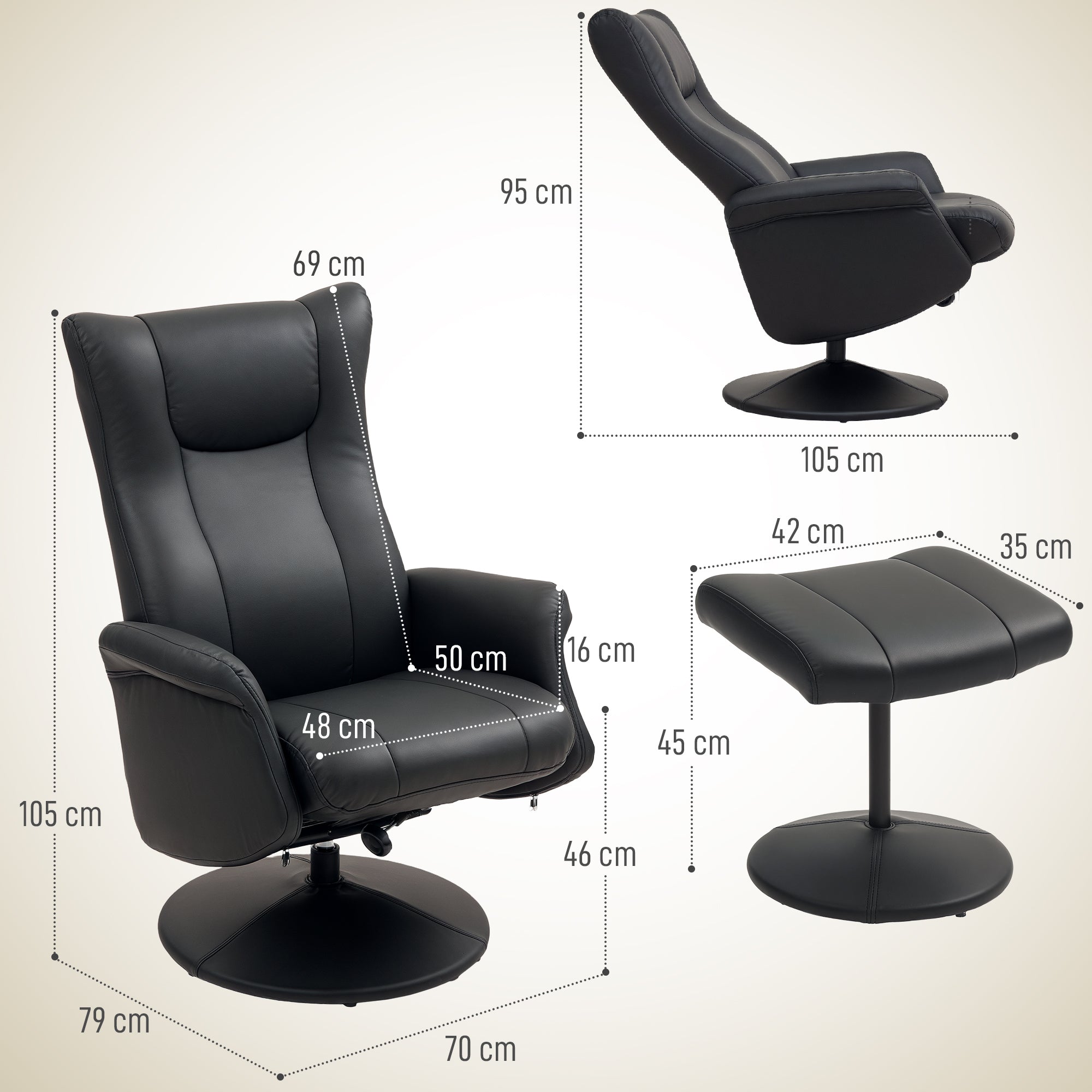 Recliner Chair with Stool 360° Rotating TV Chair with Reclining Function Relax Chair with Adjustable Backrest TV Chair up to 150 kg Load for Living Room Faux Leather, Black