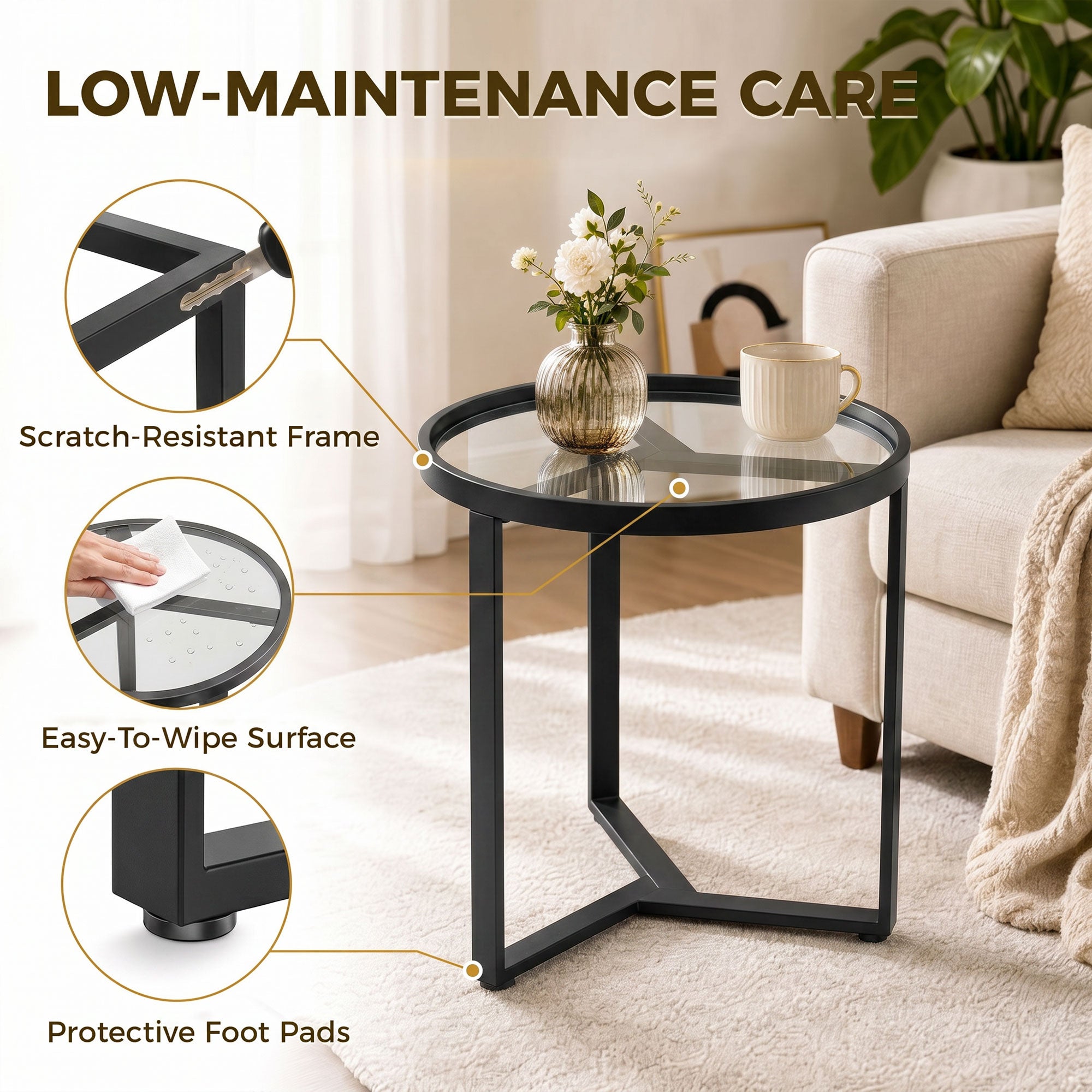 Round Glass Side Table with Geometric Metal Frame, Modern Accent Table for Small Spaces, Living Room & Bedroom, Black